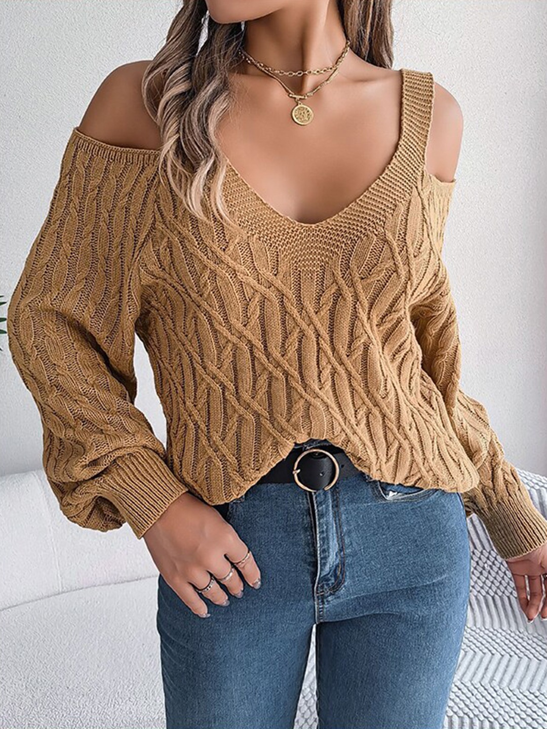 

StyleCast Khaki Cable Knit Self Design V-Neck Pullover Sweater