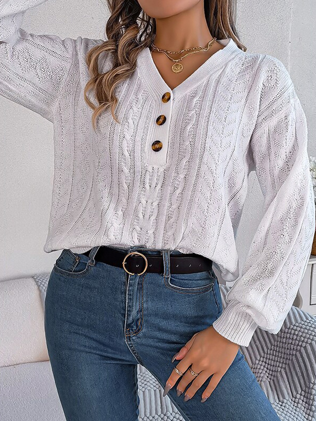 

StyleCast White Self Design V-Neck Pullover Sweater