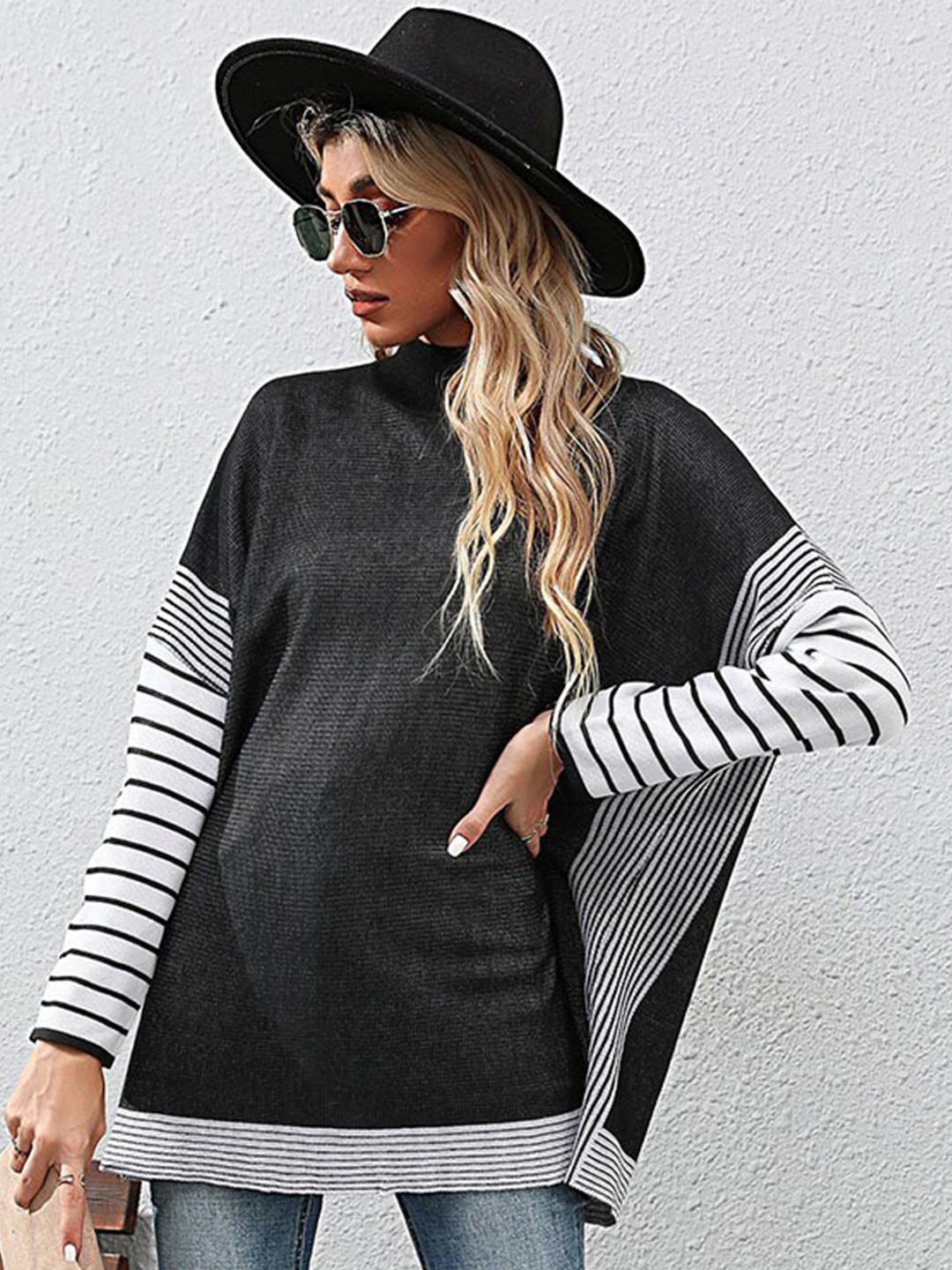 

StyleCast Black & White Striped Acrylic Longline Oversized Pullover