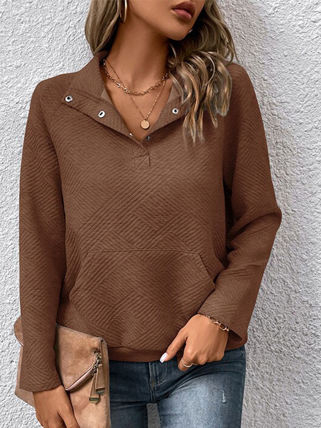 

StyleCast Brown Self Design Shirt Collar Jacquard Pullover Sweatshirt