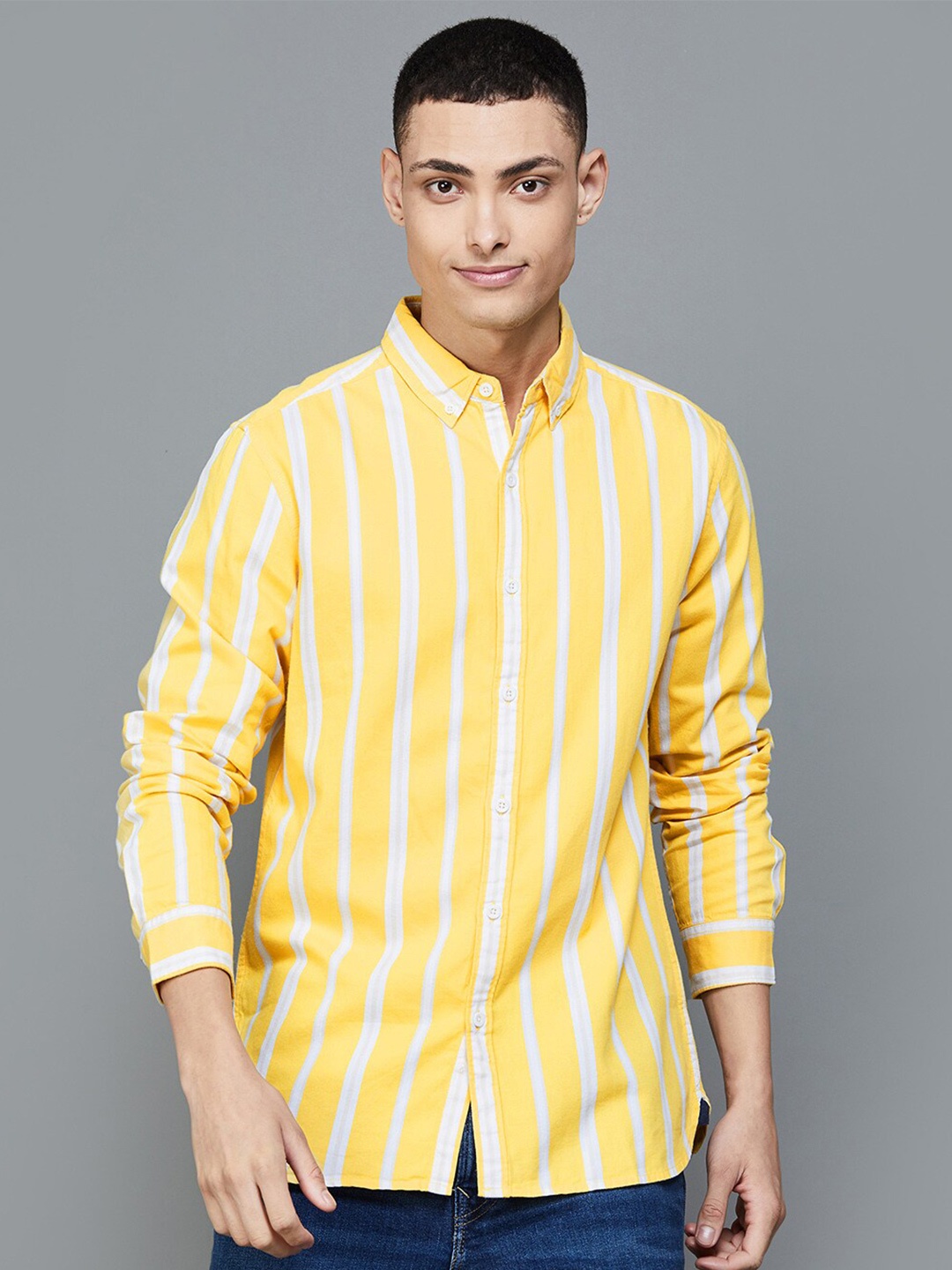 

Fame Forever by Lifestyle Slim Fit Vertical Striped Button-Down Collar Cotton Casual Shirt, Yellow