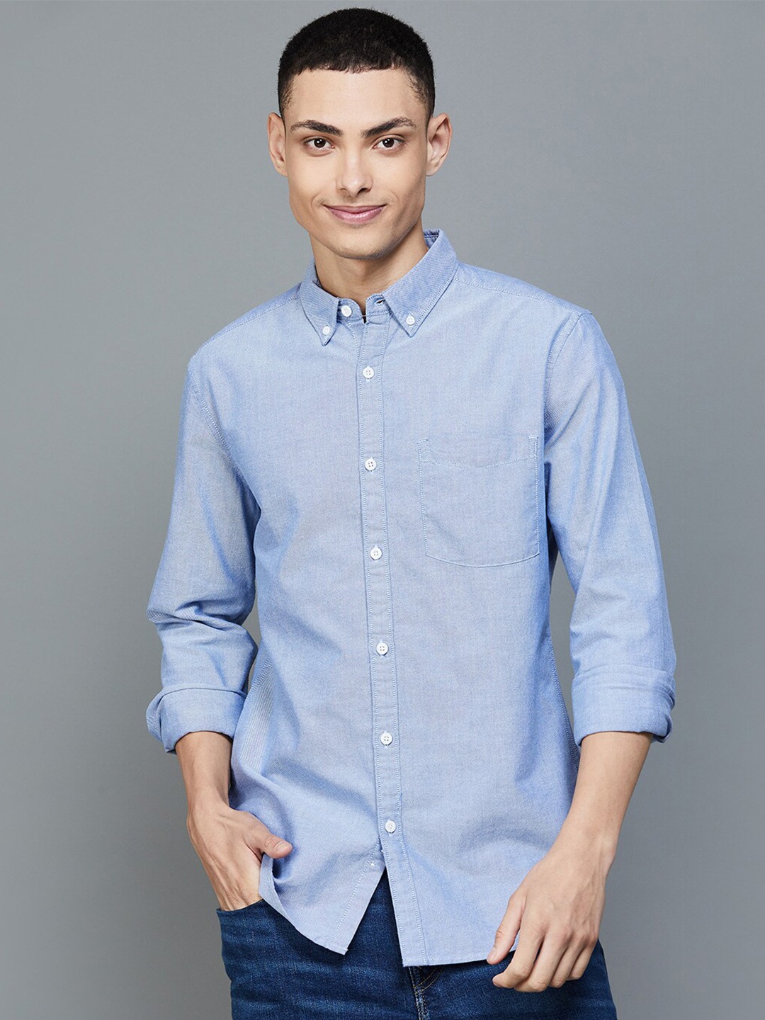 

Fame Forever by Lifestyle Button-Down Collar Slim Fit Casual Shirt, Blue