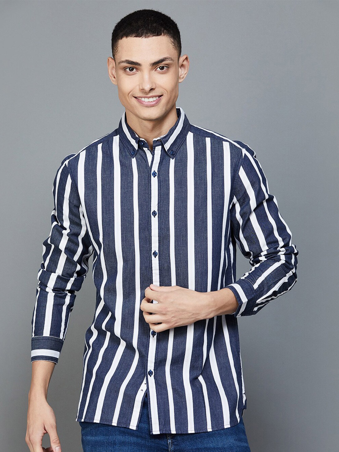 

Fame Forever by Lifestyle Button-Down Collar Slim Fit Striped Casual Shirt, Blue