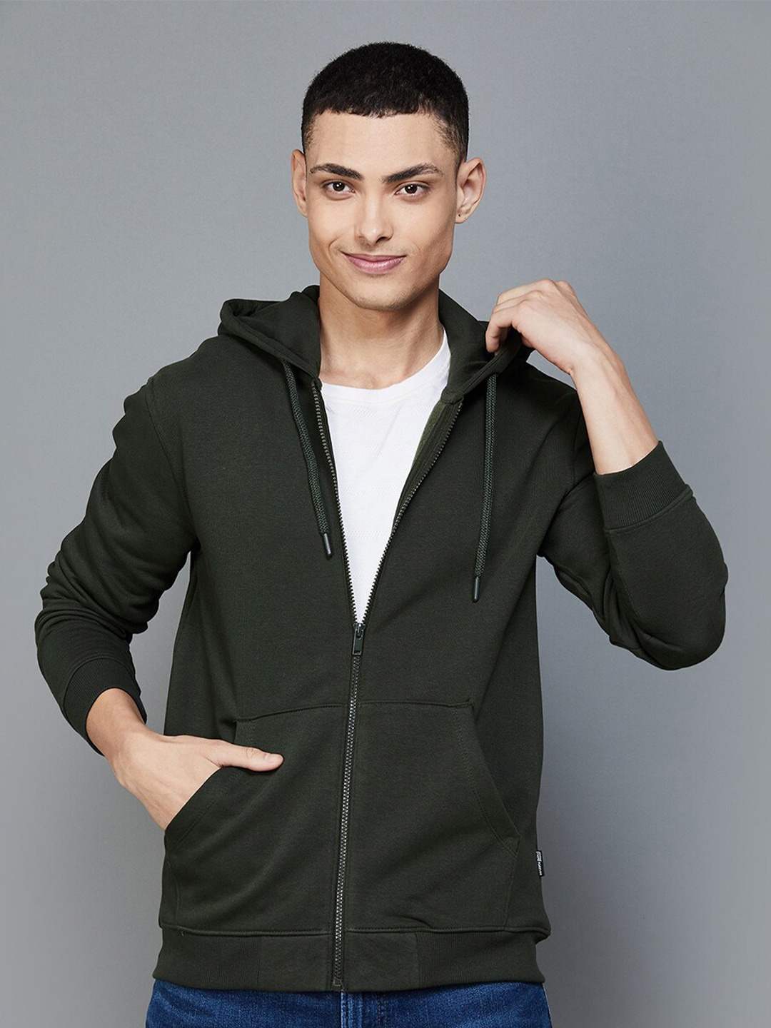 

Fame Forever by Lifestyle Hooded Long Sleeves Cotton Front-Open Sweatshirt, Olive