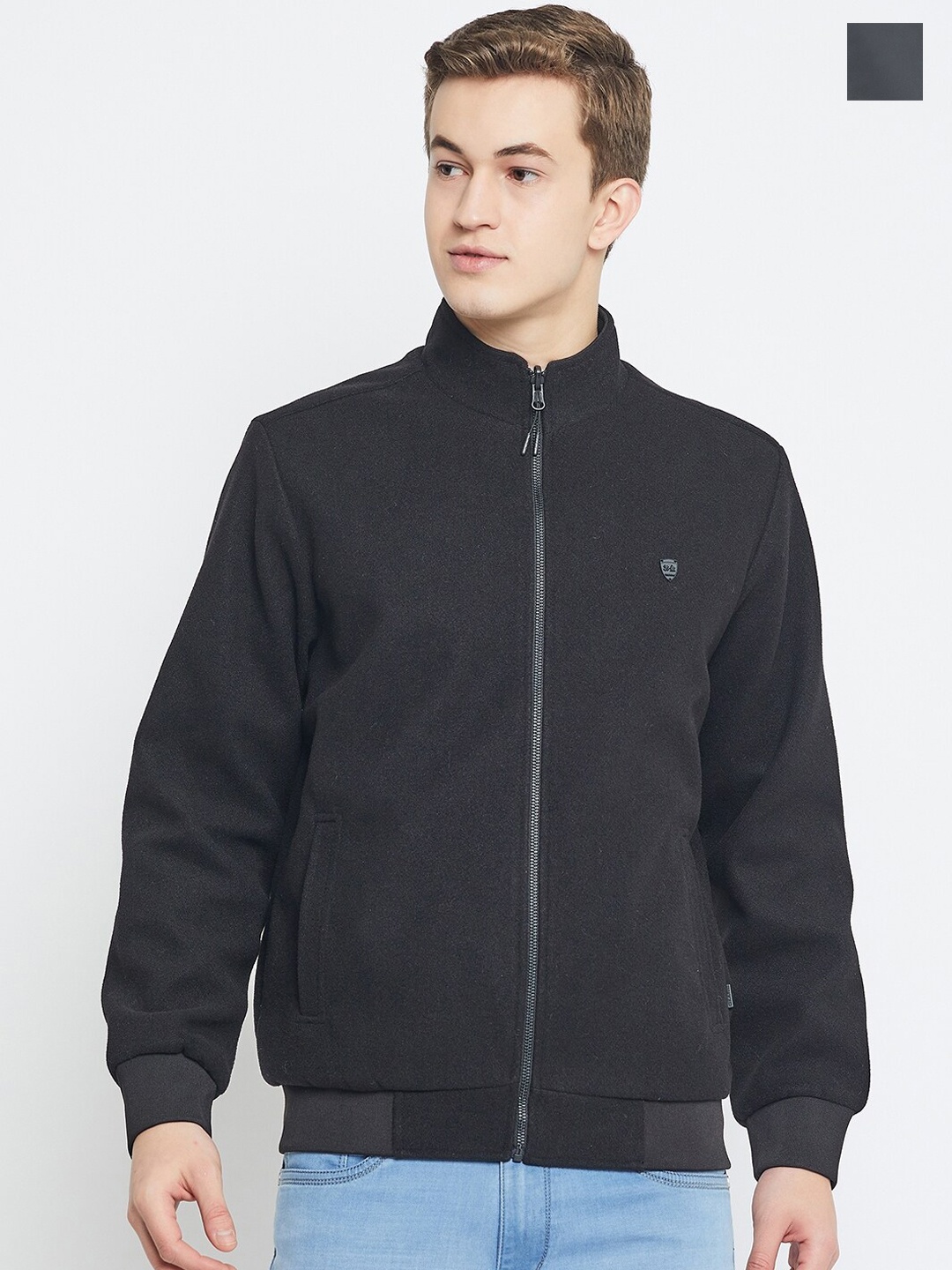 

Okane Mock Collar Reversible Bomber Jacket, Black