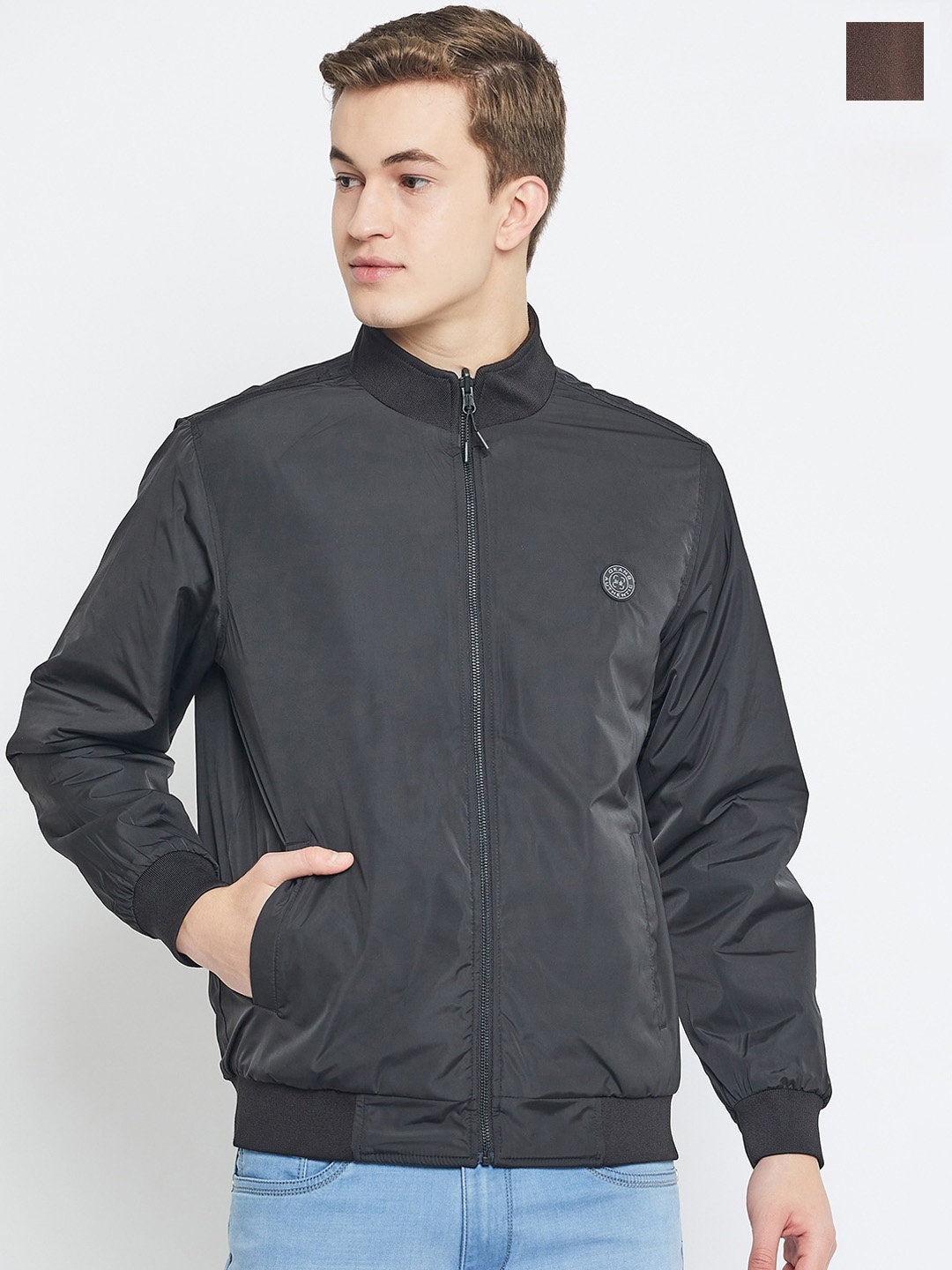 

Okane Stand Collar Reversible Bomber Jacket, Coffee brown