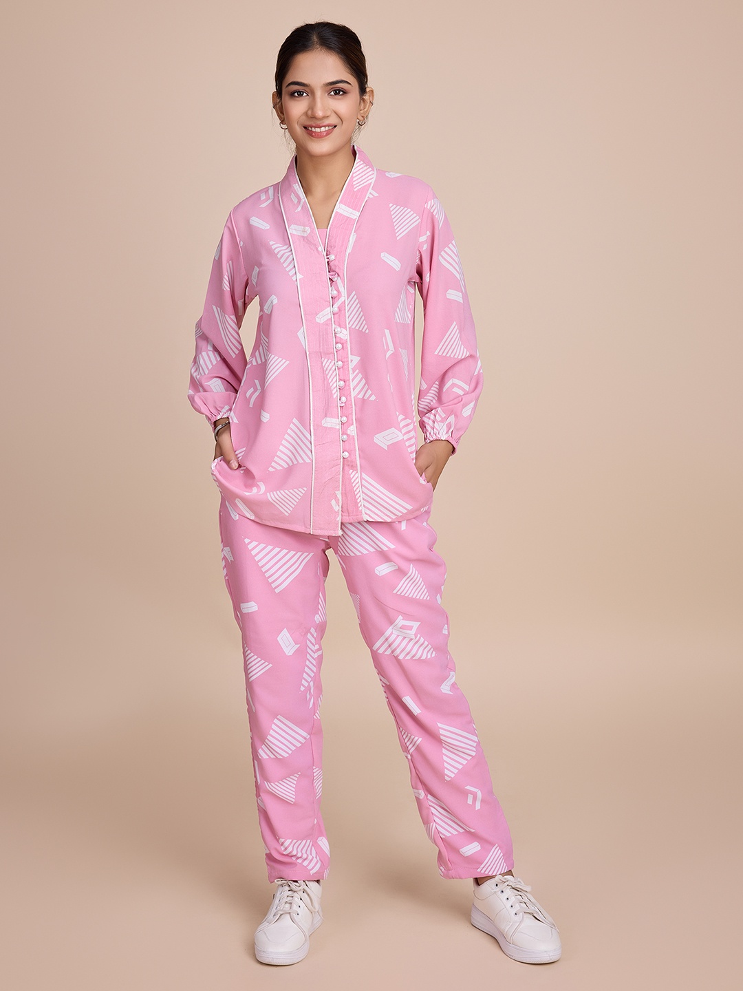 

HOUSE OF MIRA Abstract Printed V-Neck Shirt With Trouser Co-Ords, Pink