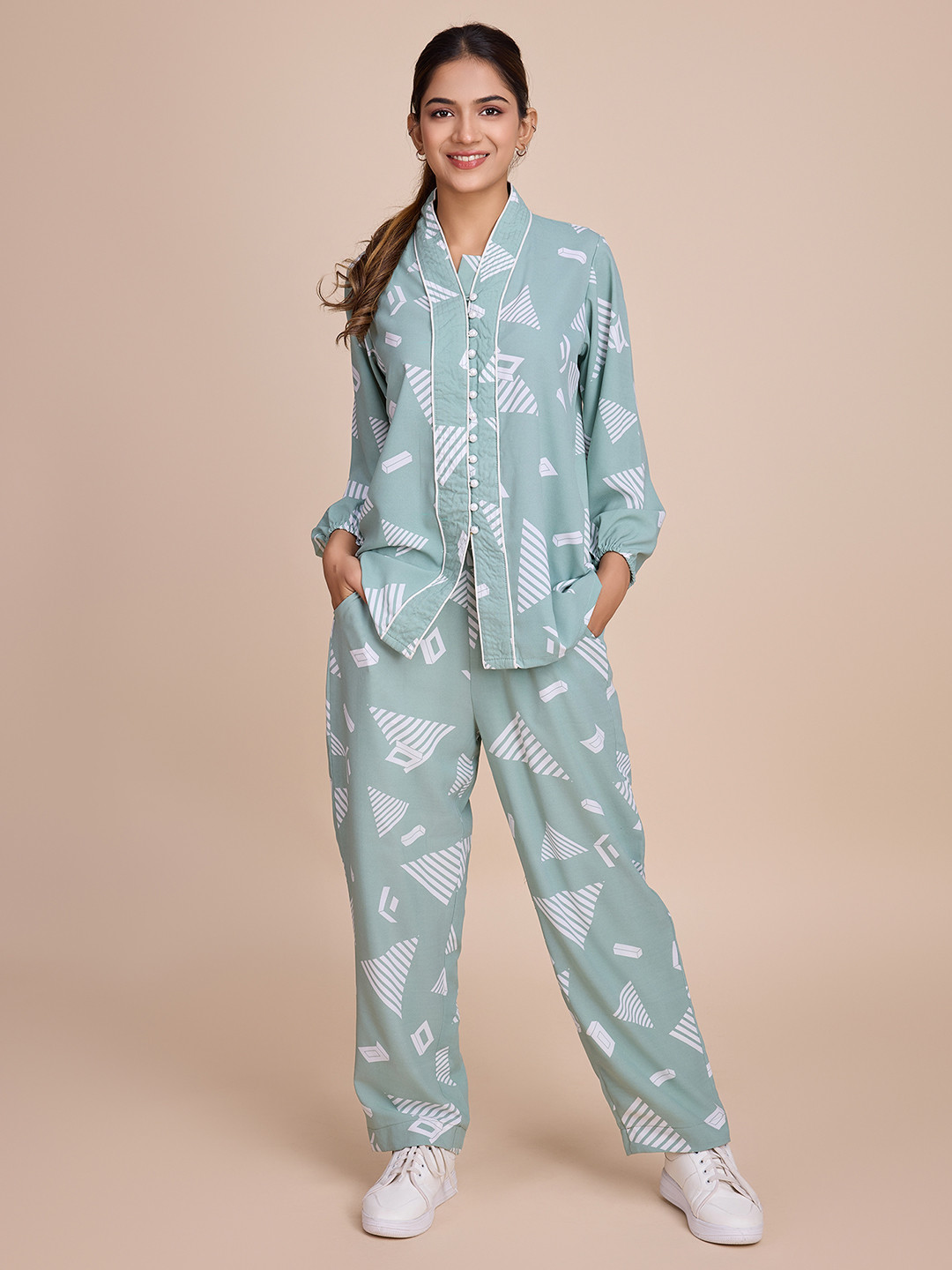 

HOUSE OF MIRA Abstract Printed V-Neck Shirt With Trouser Co-Ords, Green