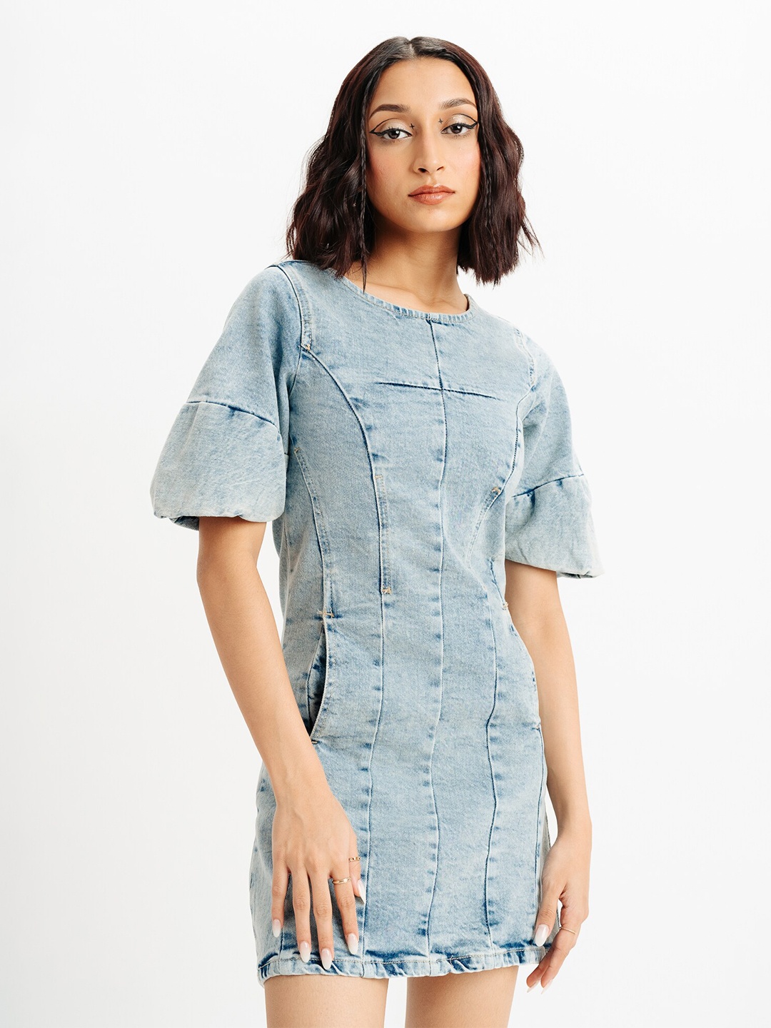 

FREAKINS Puff Sleeve A-Line Denim Dress, Blue