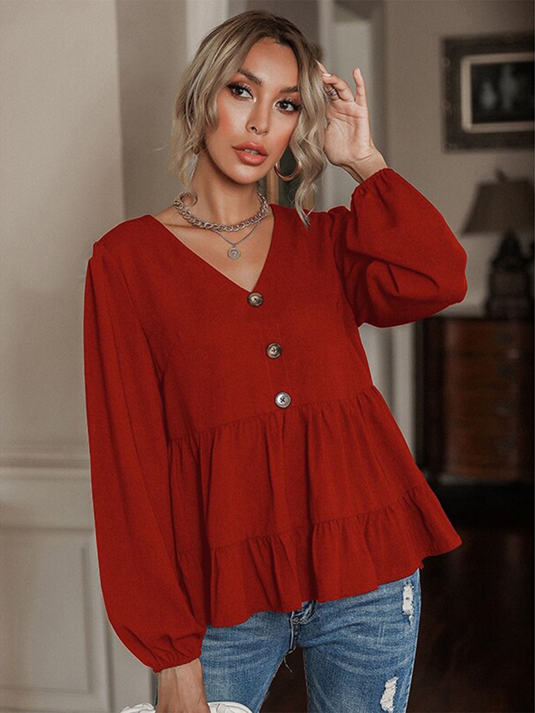 

StyleCast Red Bell Sleeves Puff Sleeves V-Neck Tiered Top