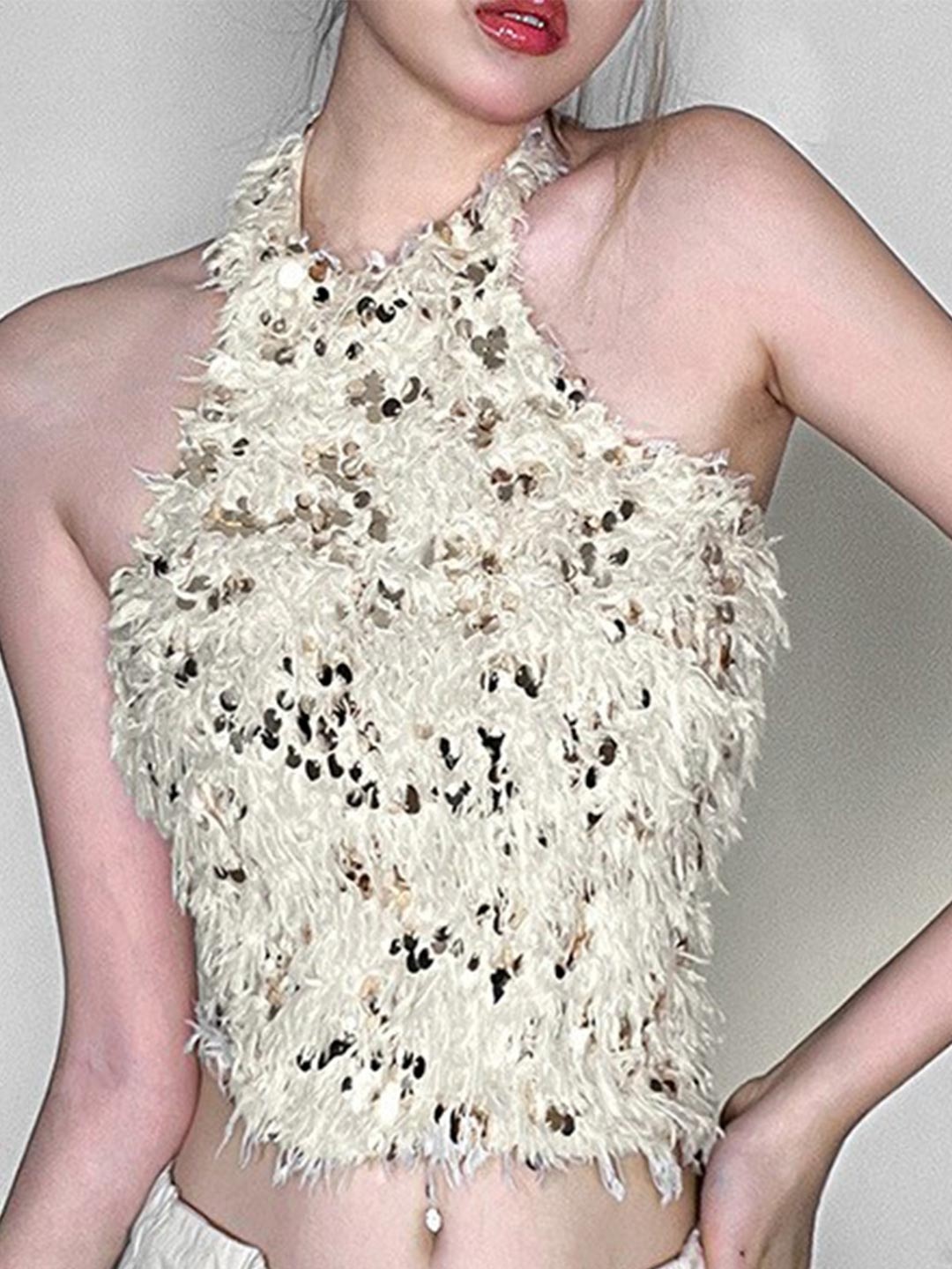

StyleCast Beige Embellished Choker Neck Crop Top
