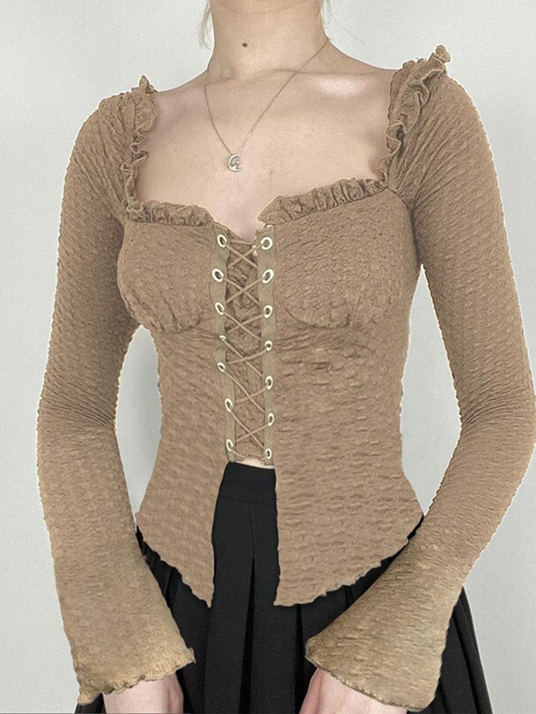 

StyleCast Beige Self Design Extended Sleeves Crop Top