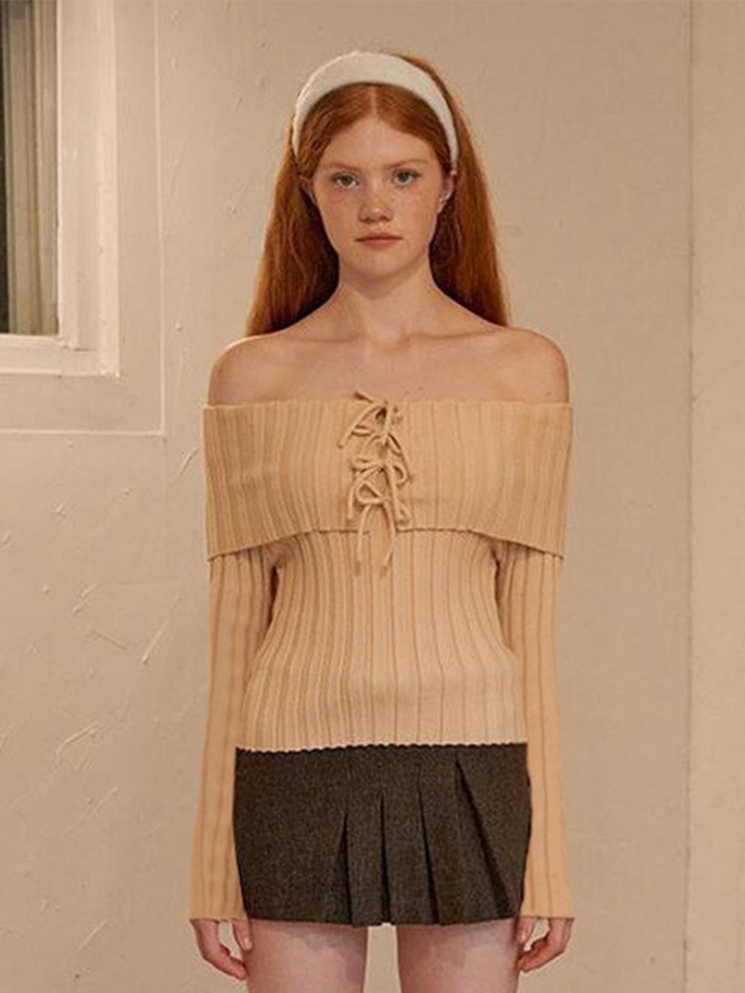 

StyleCast Beige Striped Off-Shoulder Crepe Top