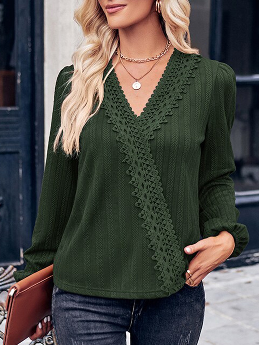 

StyleCast Self Design V-Neck Regular Top, Green