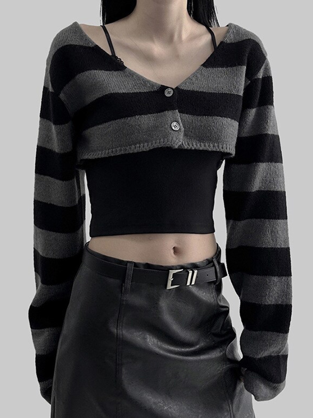 

StyleCast Grey Striped V-Neck Crop Top