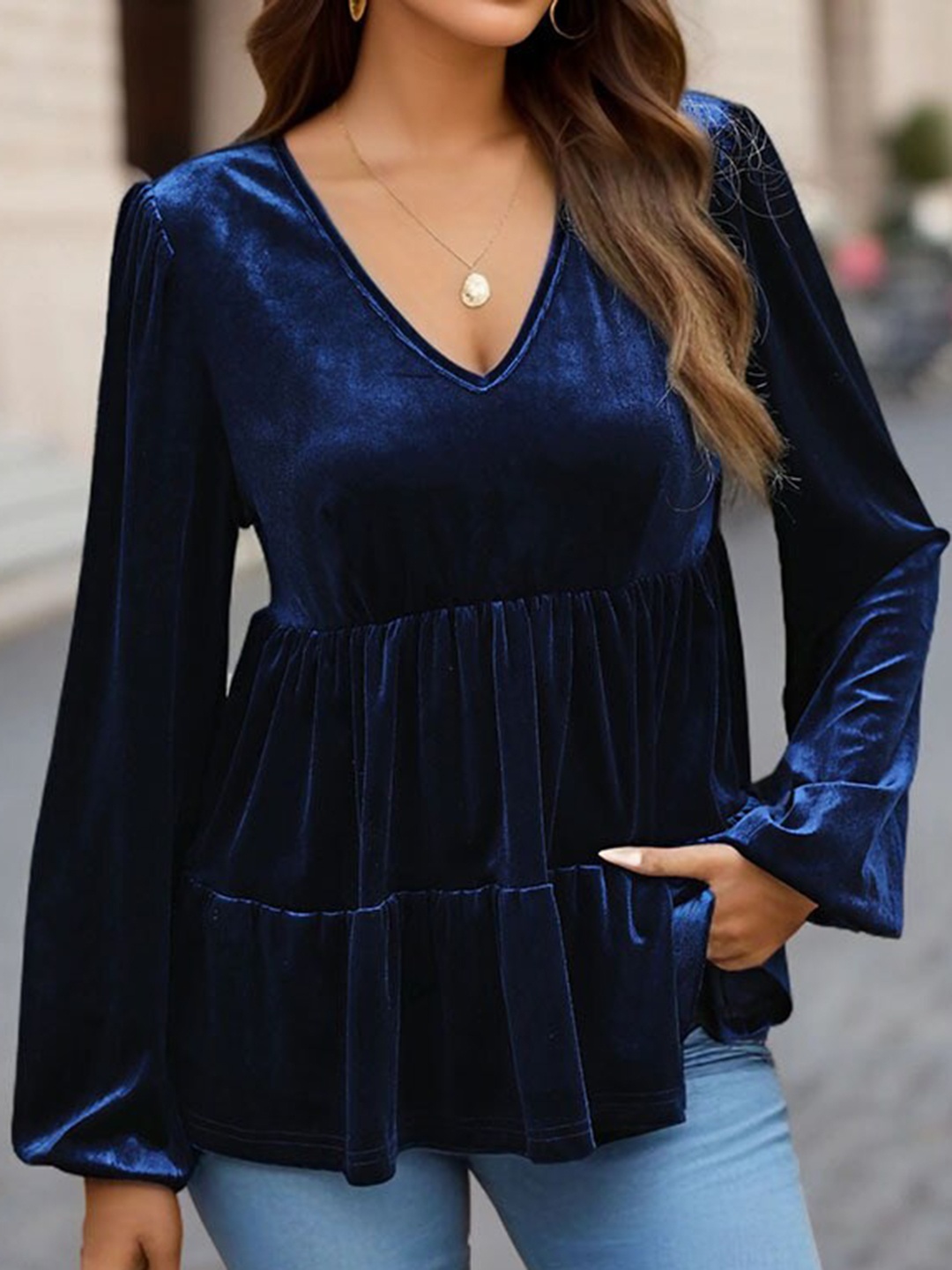 

StyleCast Navy Blue Puff Sleeve Gathered Velvet Regular Top