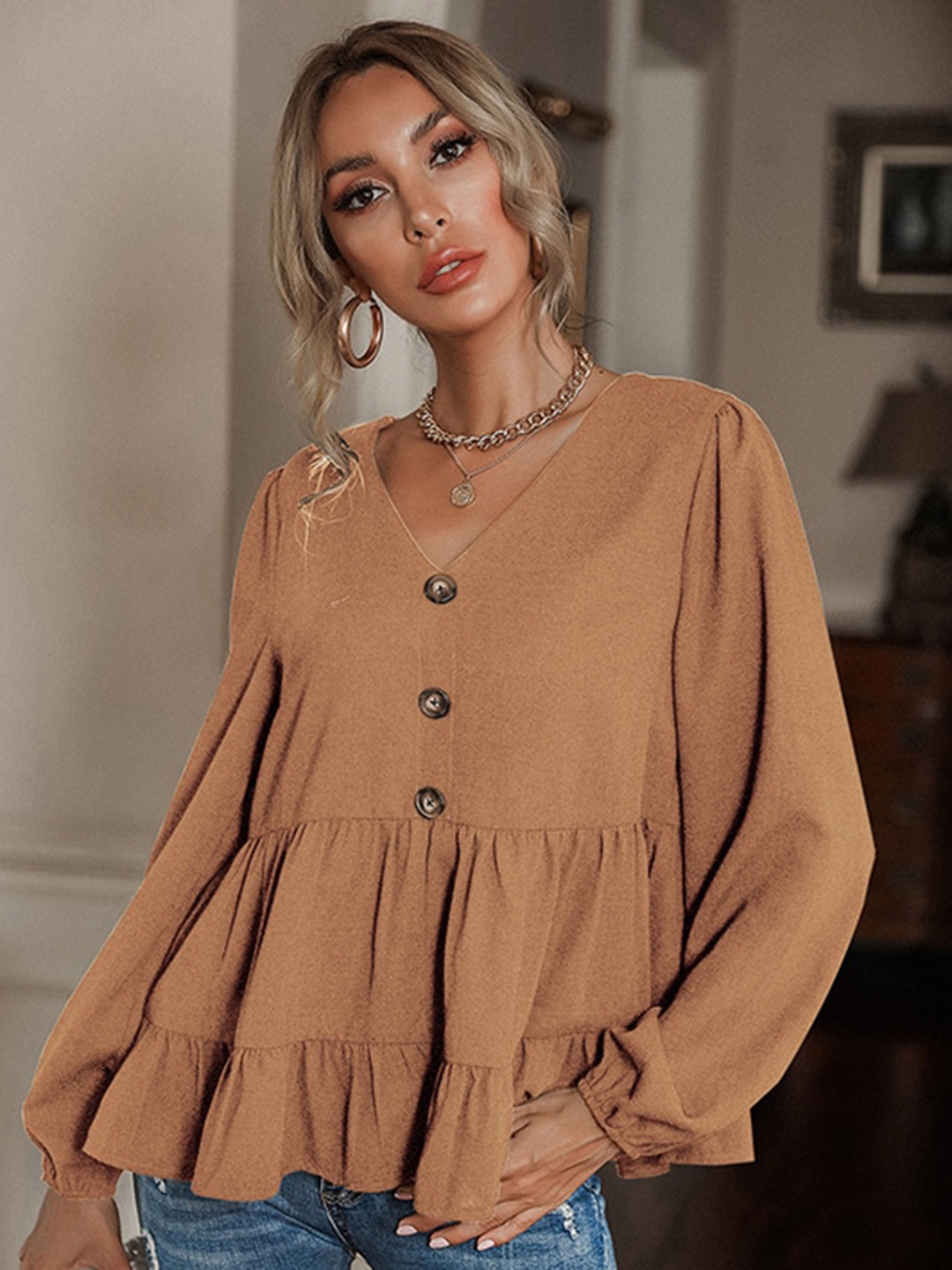 

StyleCast Khaki Puff Sleeve Gathered Regular Top