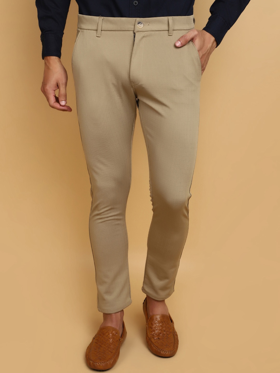 

V-Mart Men Checked Cotton Four Way Stretch Chinos Trouser, Khaki