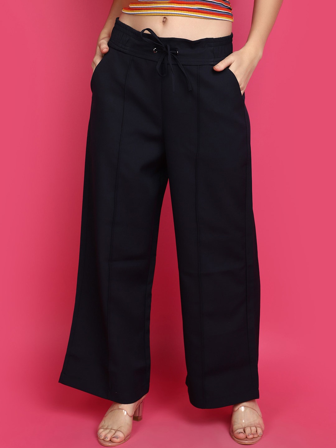 

V-Mart Women Mid-Rise Cotton Parallel Trousers, Navy blue