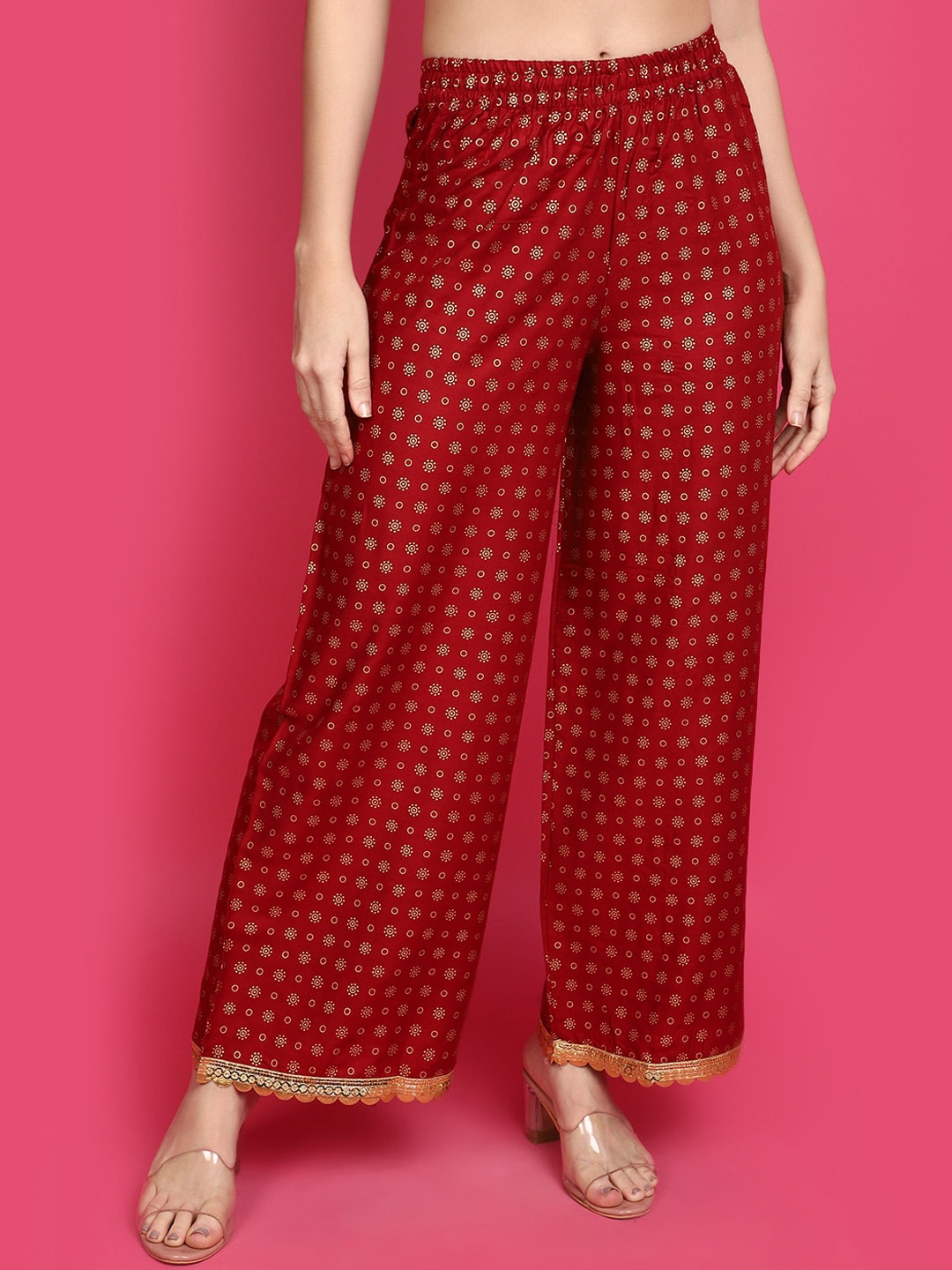 

V-Mart Women Ethnic Motifs Printed Straight Fit Parallel Trousers, Maroon