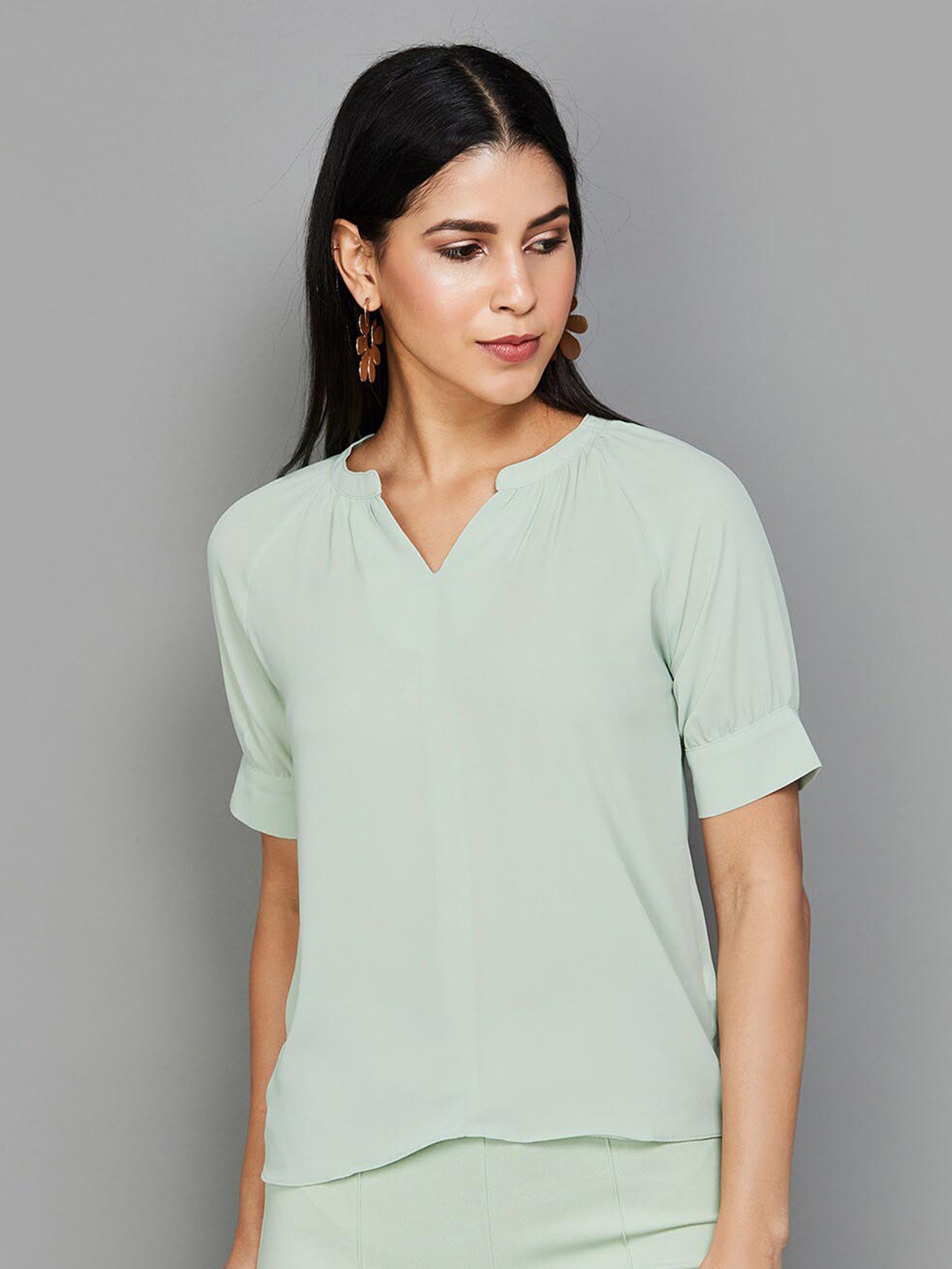 

CODE by Lifestyle Puff Sleeves Mandarin Collar Top, Grey