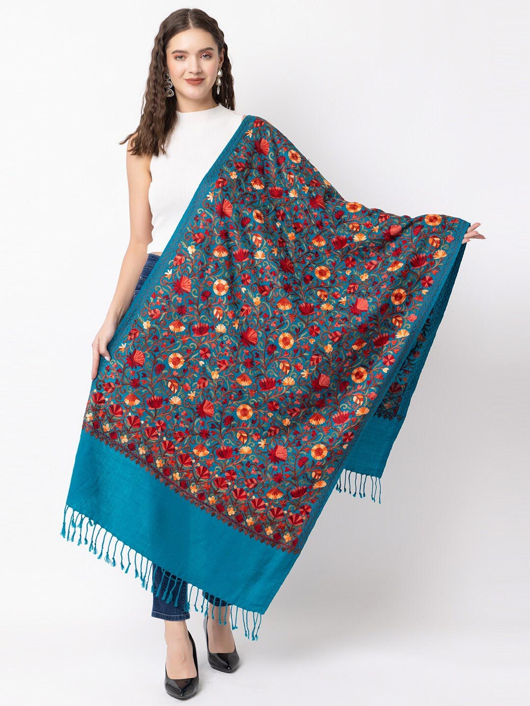 

CASMIR Women Floral Embroidered Thread Work Detailed Shawl, Teal