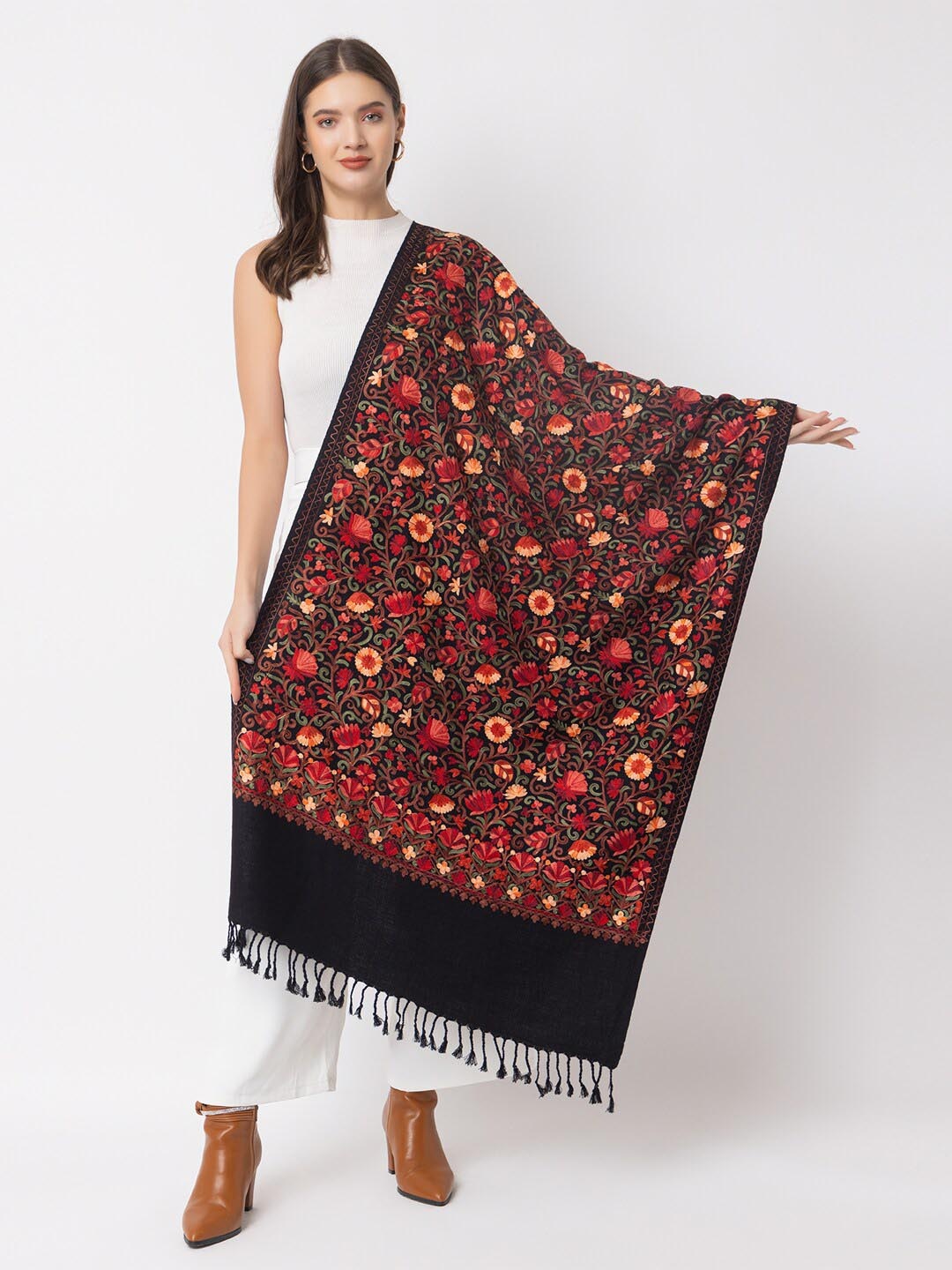 

CASMIR Women Floral Embroidered Thread Work Detailed Shawl, Black