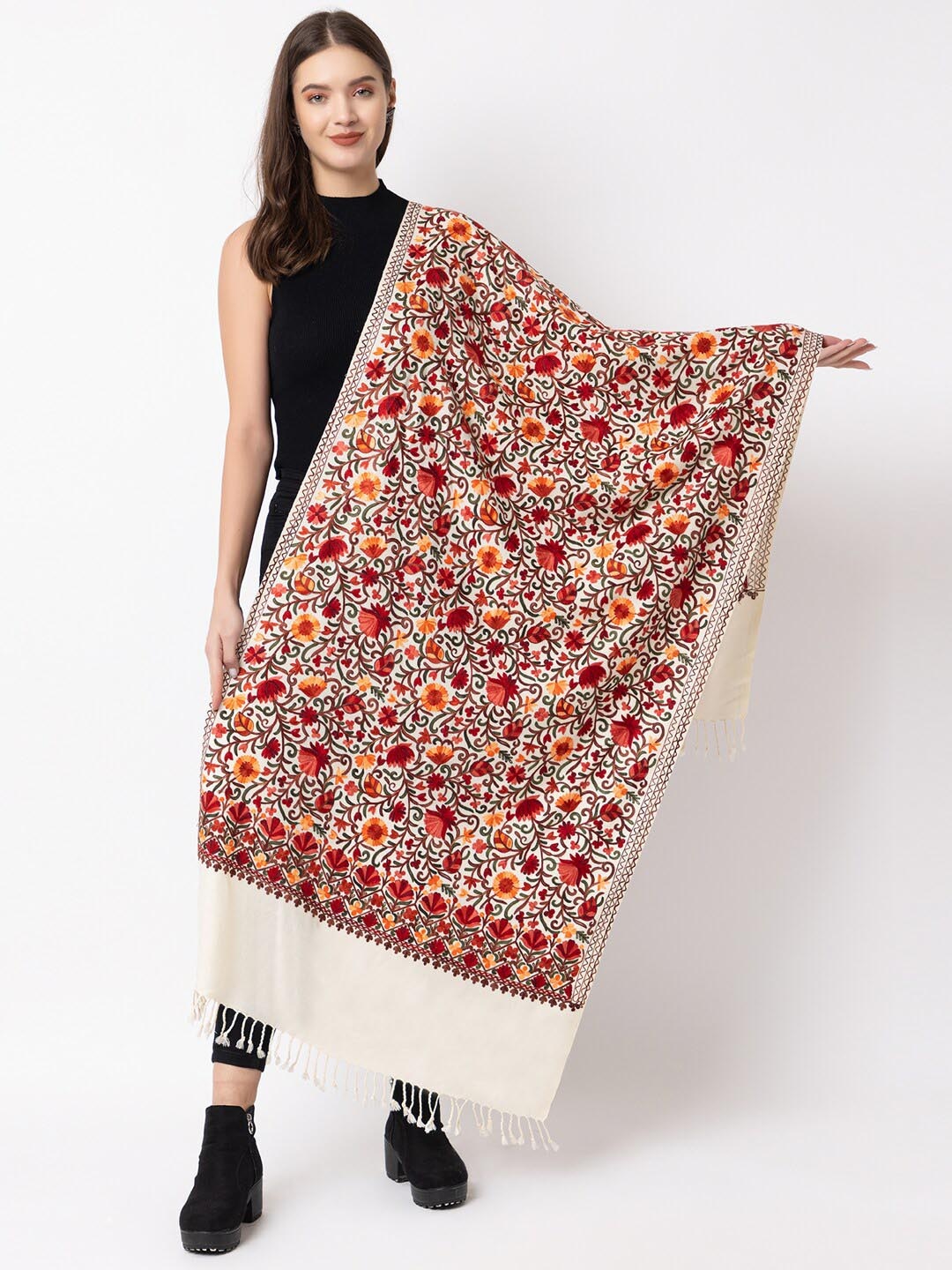 

CASMIR Women Floral Embroidered Thread Work Detailed Shawl, Cream