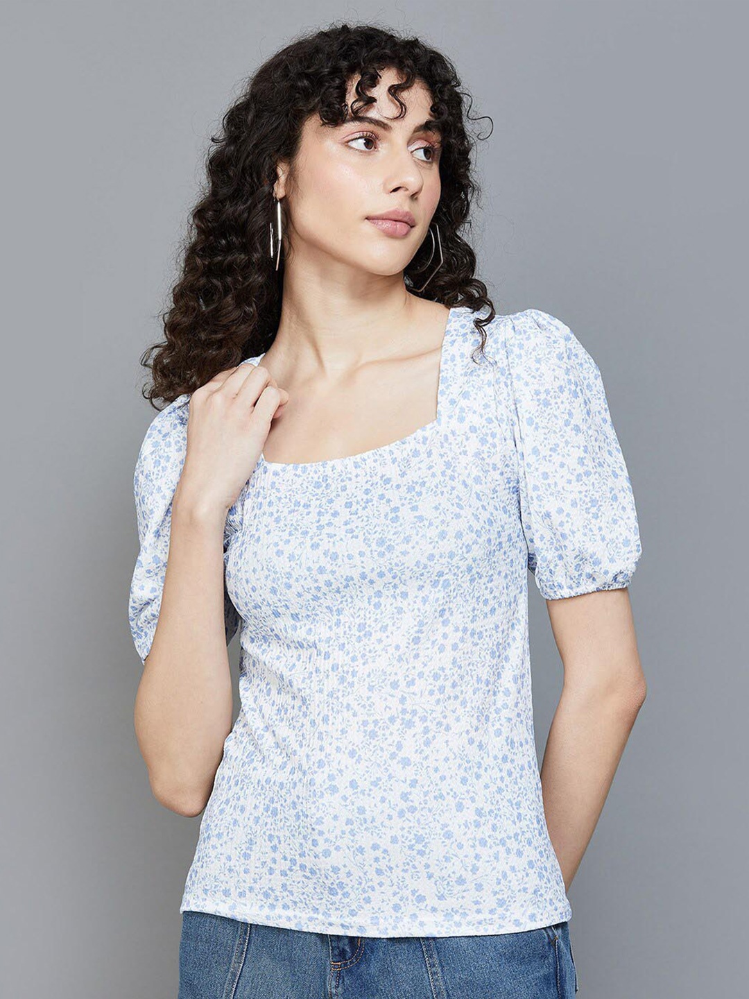 

Fame Forever by Lifestyle Floral Printed Square Neck Puff Sleeves Top, Blue