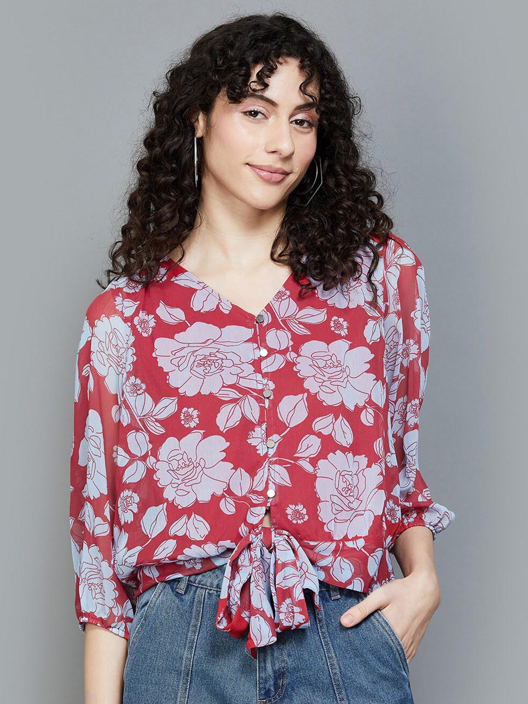 

Fame Forever by Lifestyle Red Floral Printed Tie Up Shirt Style Top