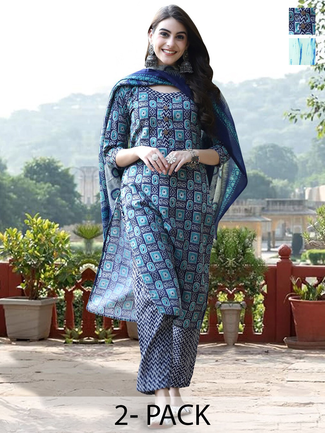 

7Threads Selection Of 2 Printed Pure Cotton Kurta With Trouser & Dupatta, Navy blue