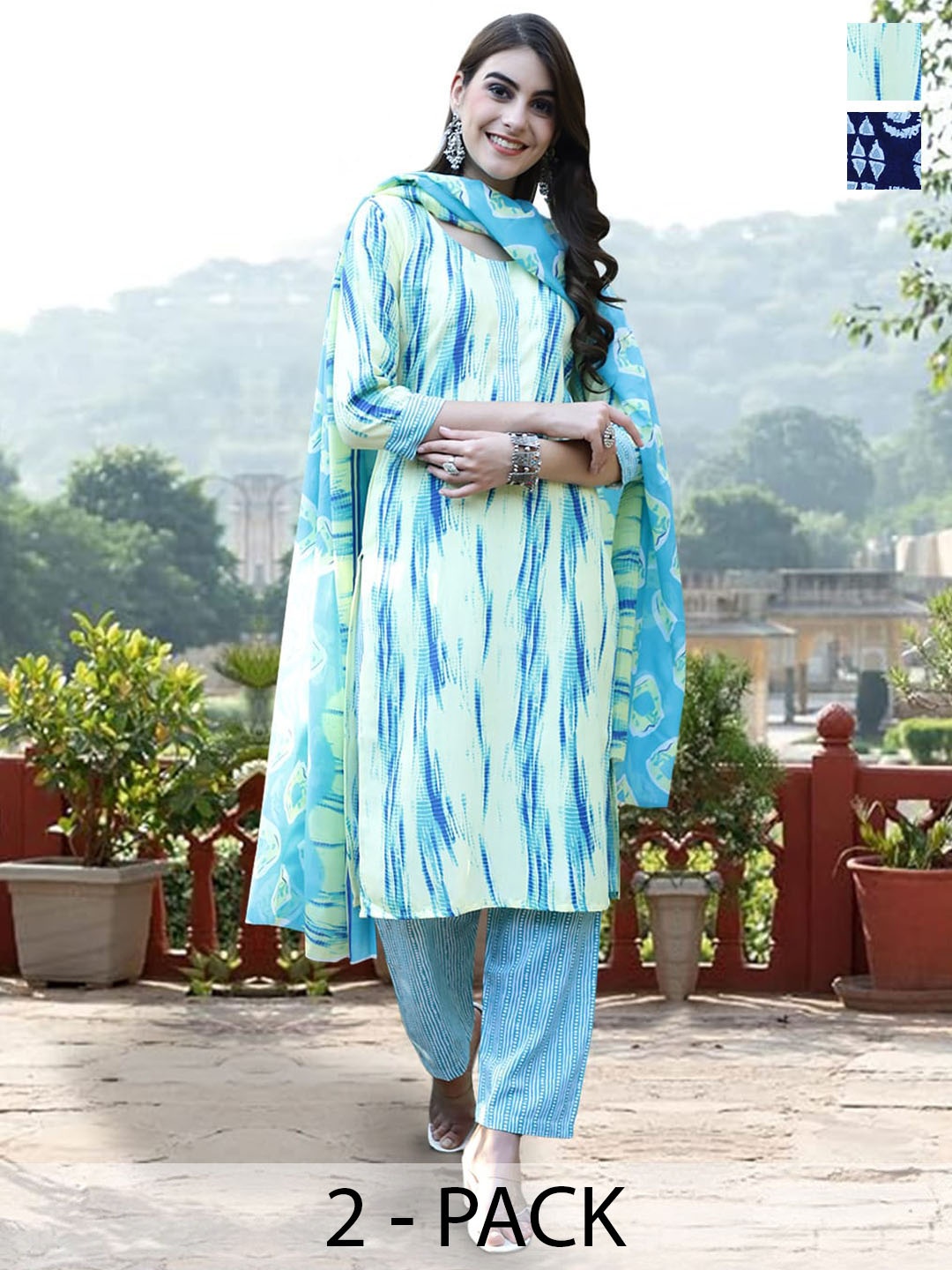 

7Threads Selection Of 2 Printed Pure Cotton Kurta with Trouser & Dupatta, Green
