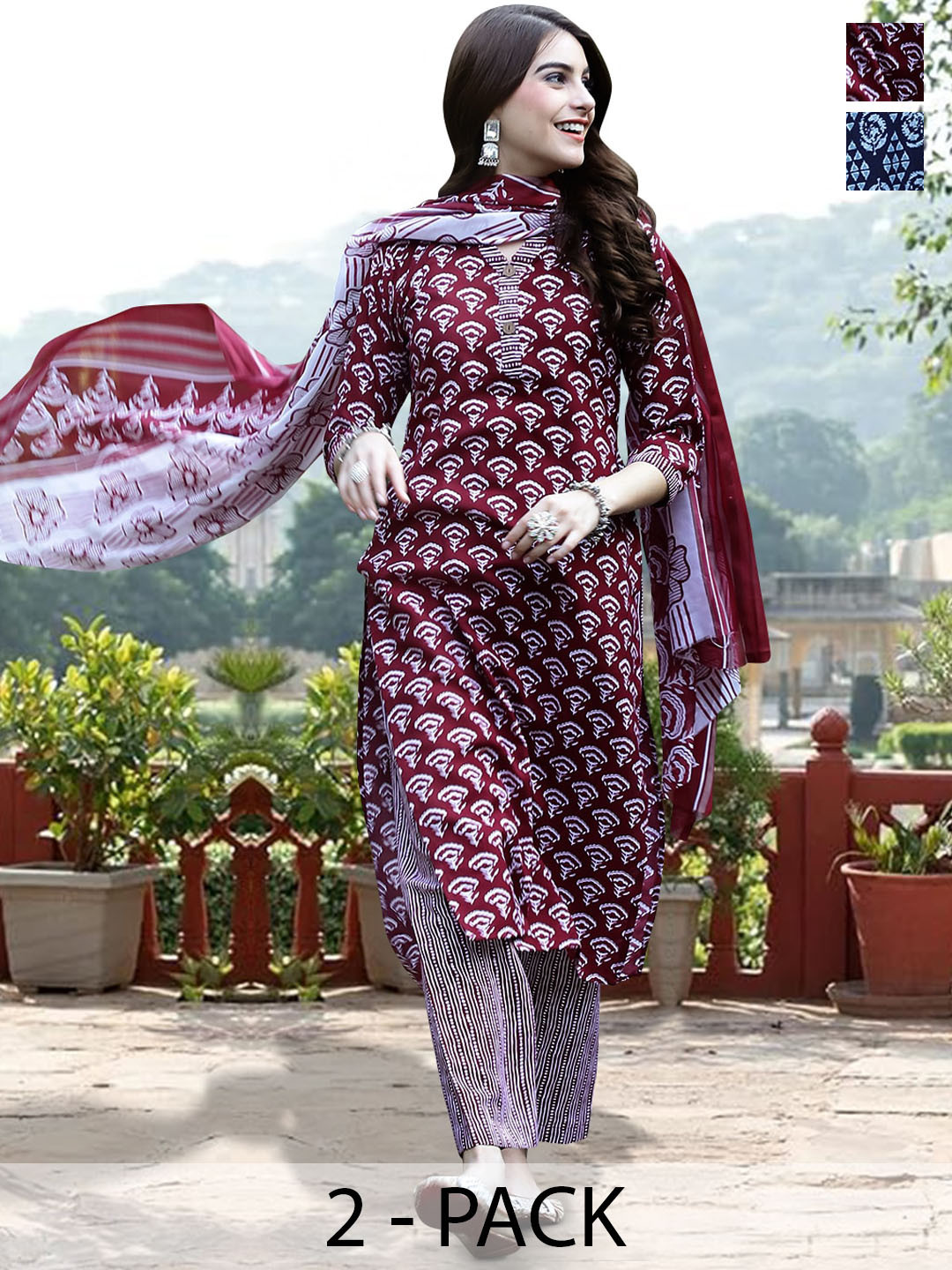 

7Threads Selection Of 2 Printed Pure Cotton Kurta With Trouser & Dupatta, Maroon