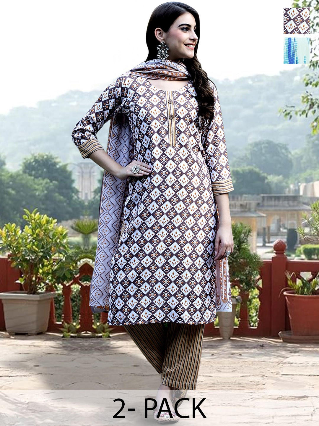 

7Threads Selection Of 2 Ethnic Motifs Printed Pure Cotton Kurta With Trousers & Dupatta, Brown