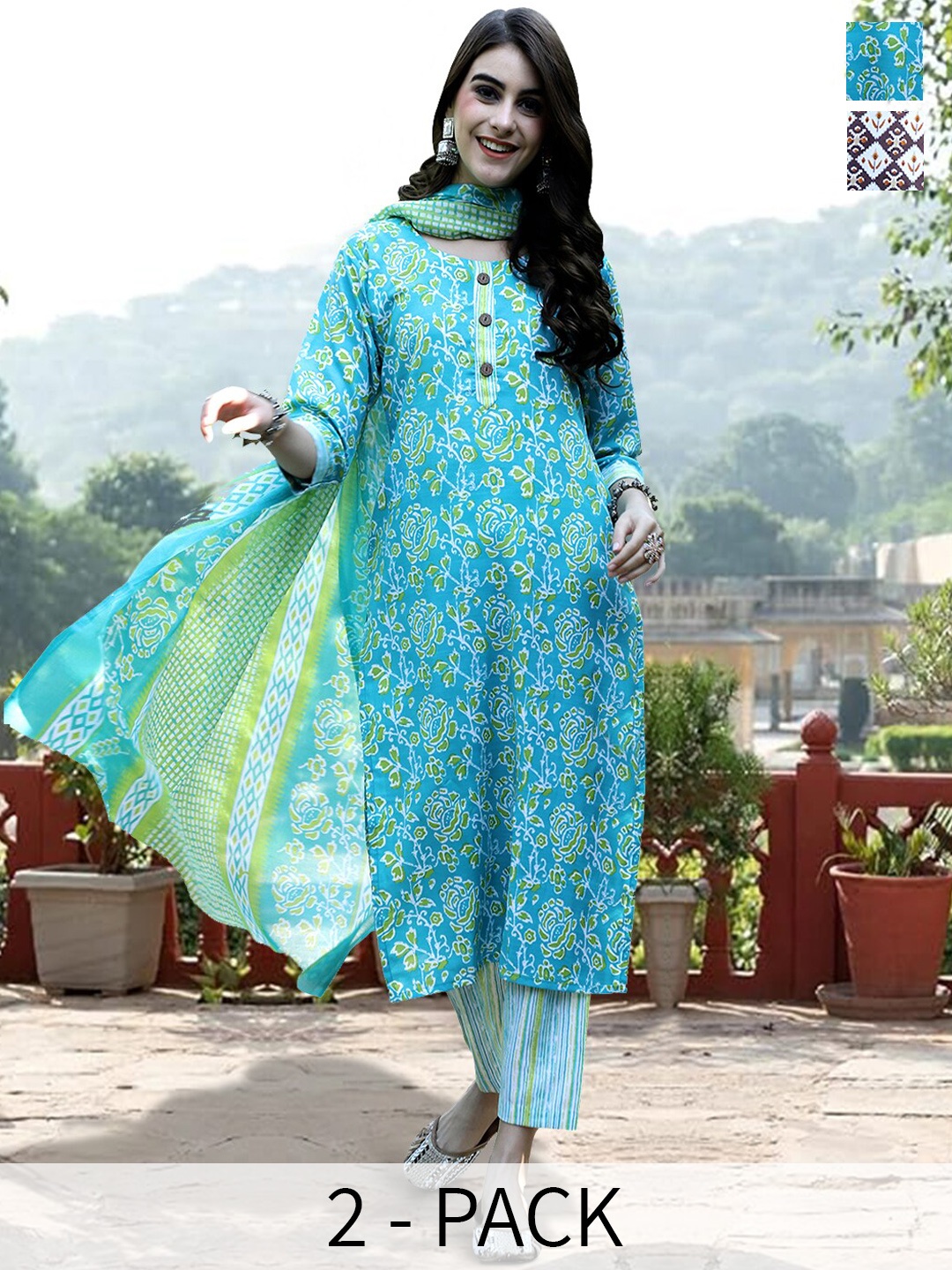 

7Threads Selection Of 2 Printed Pure Cotton Kurta With Trouser & Dupatta, Blue
