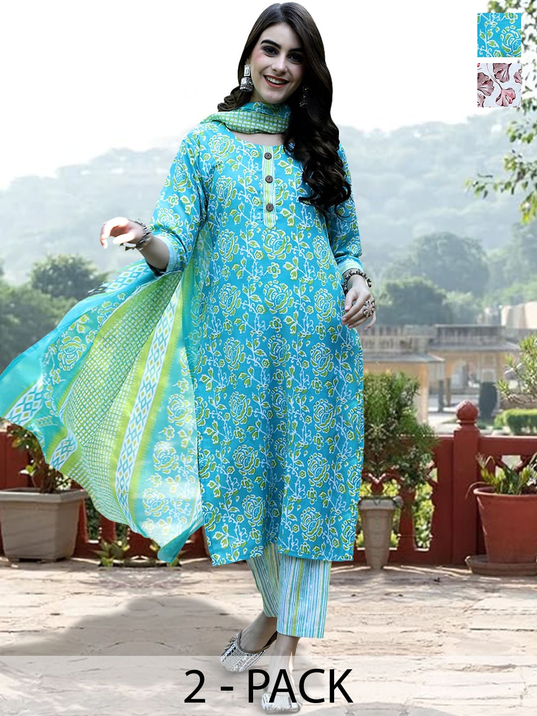 

7Threads Selection Of 2 Floral Printed Patchwork Pure Cotton Kurta with Trousers & Dupatta, White