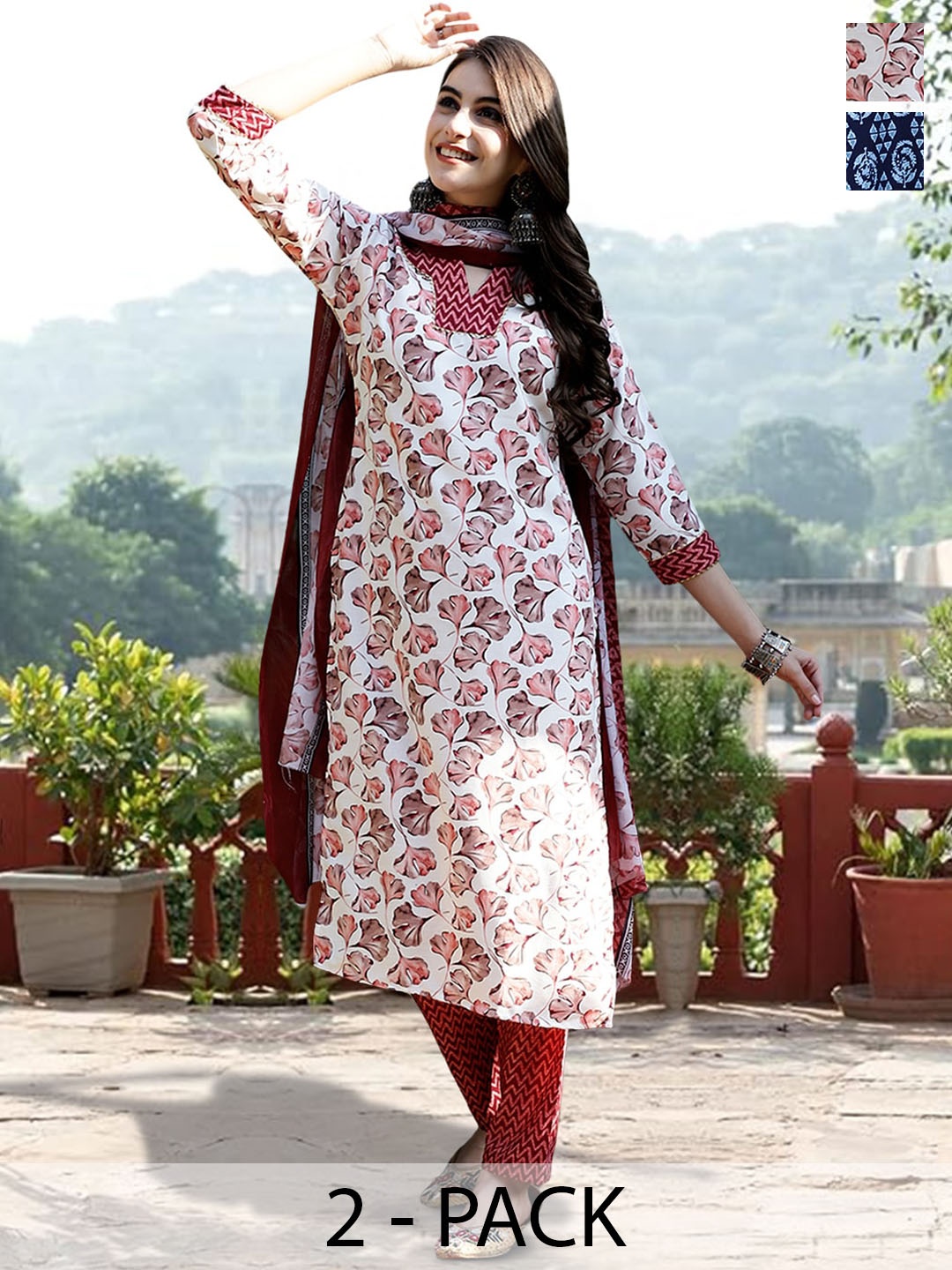 

7Threads Selection Of 2 Ethnic Motifs Printed Pure Cotton Kurta With Trousers & Dupatta, Maroon