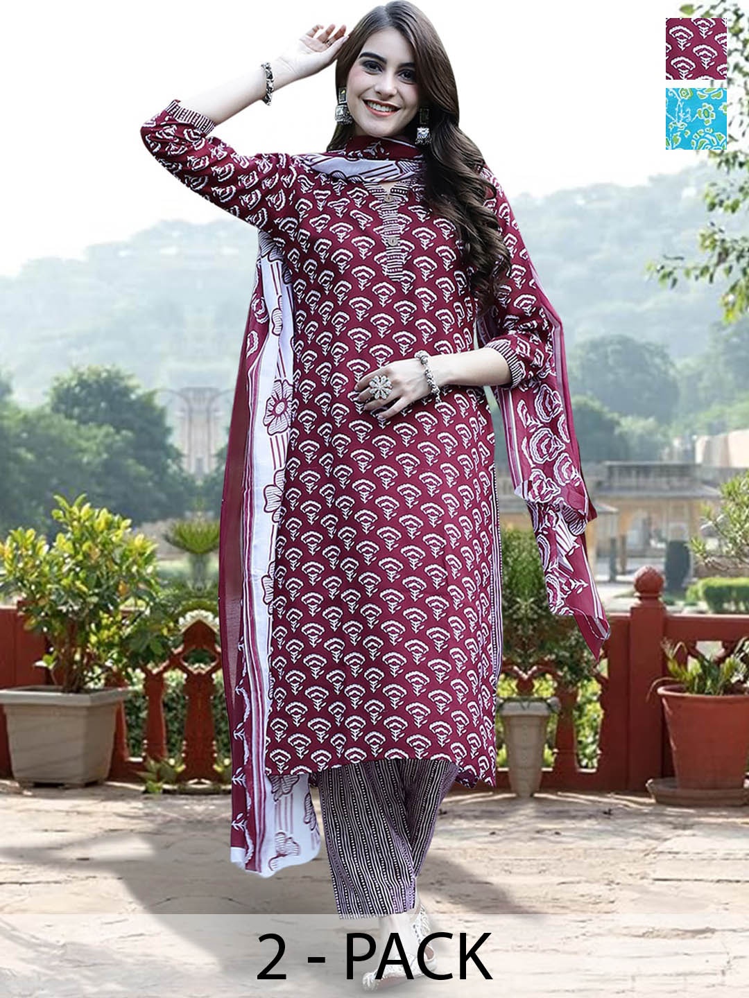 

7Threads Selection Of 2 Printed Pure Cotton Kurta With Trouser & Dupatta, Maroon