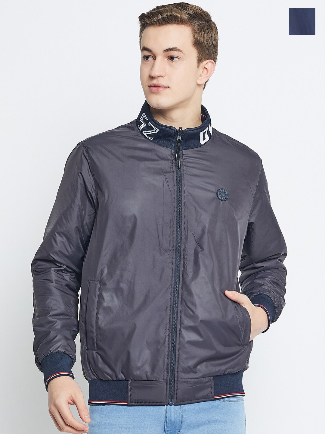 

Okane Stand Collar Reversible Bomber Jacket, Navy blue