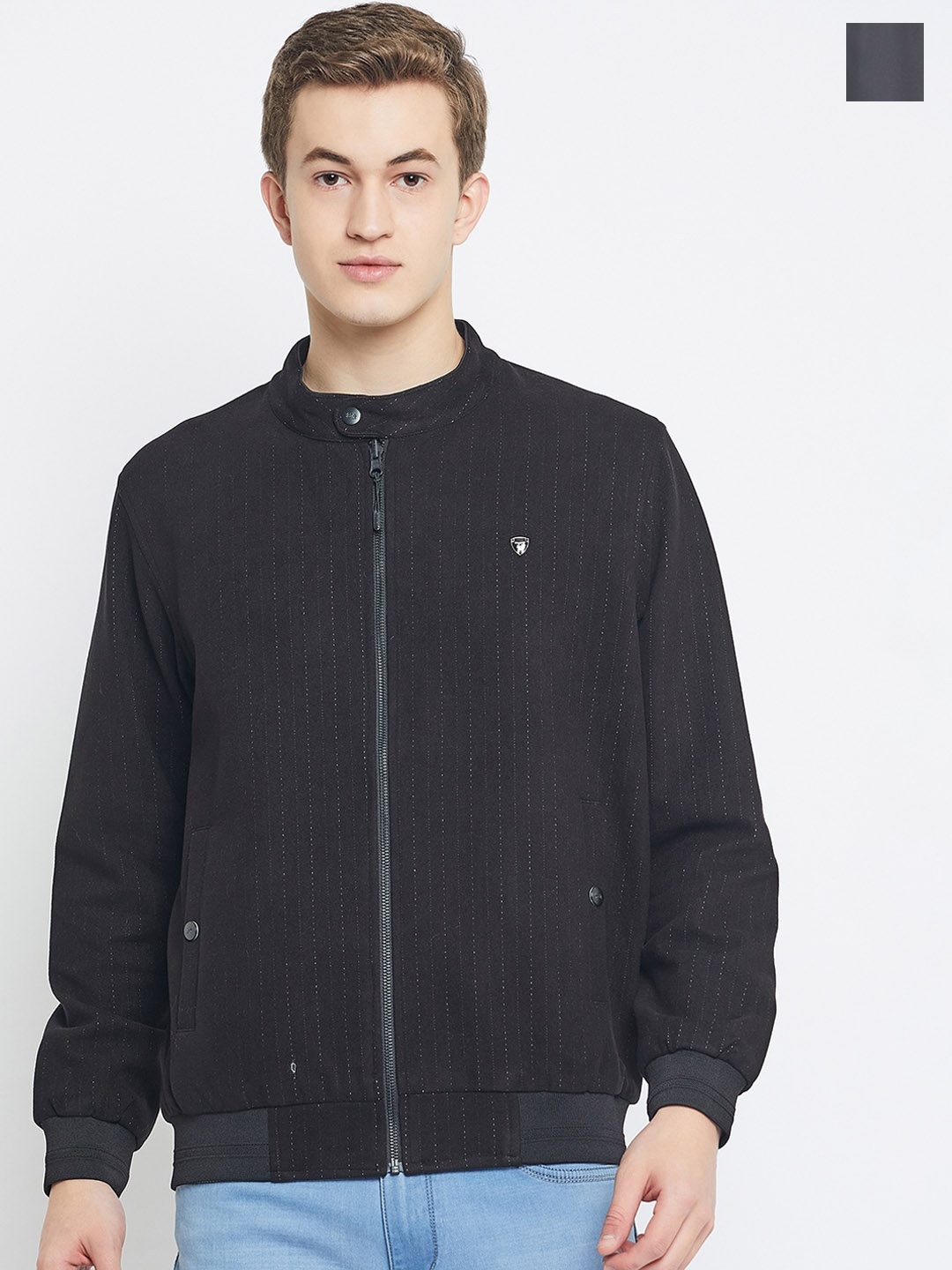 

Okane Striped Stand Collar Tweed Reversible Bomber Jacket, Black