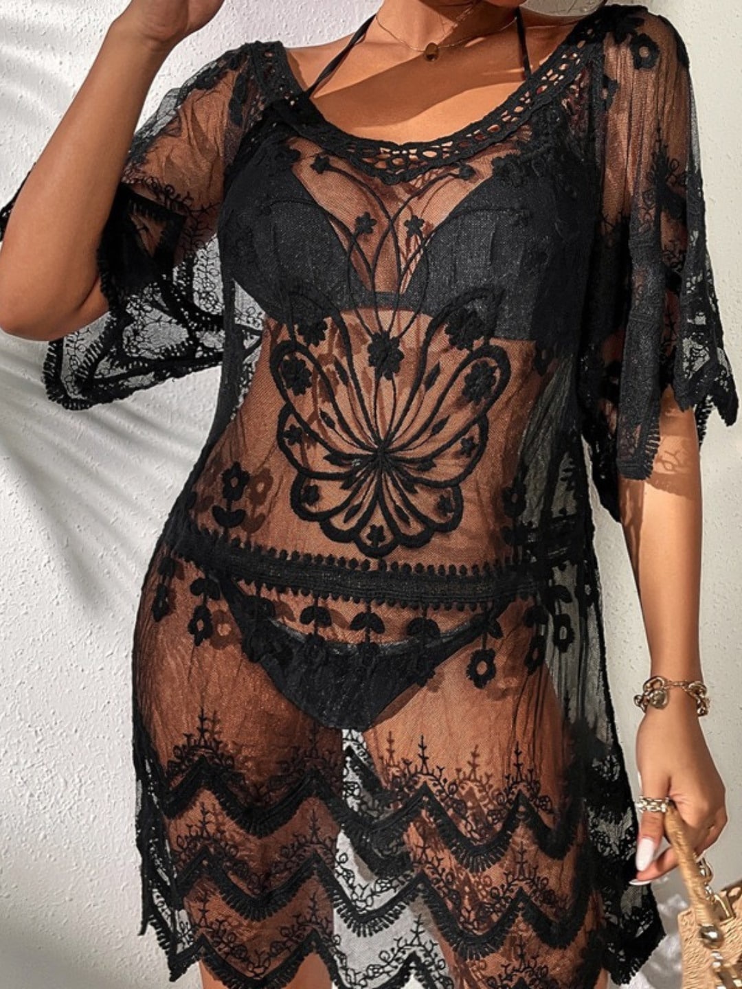 

Addery Self Design Round Neck Mini Cover Up Top, Black