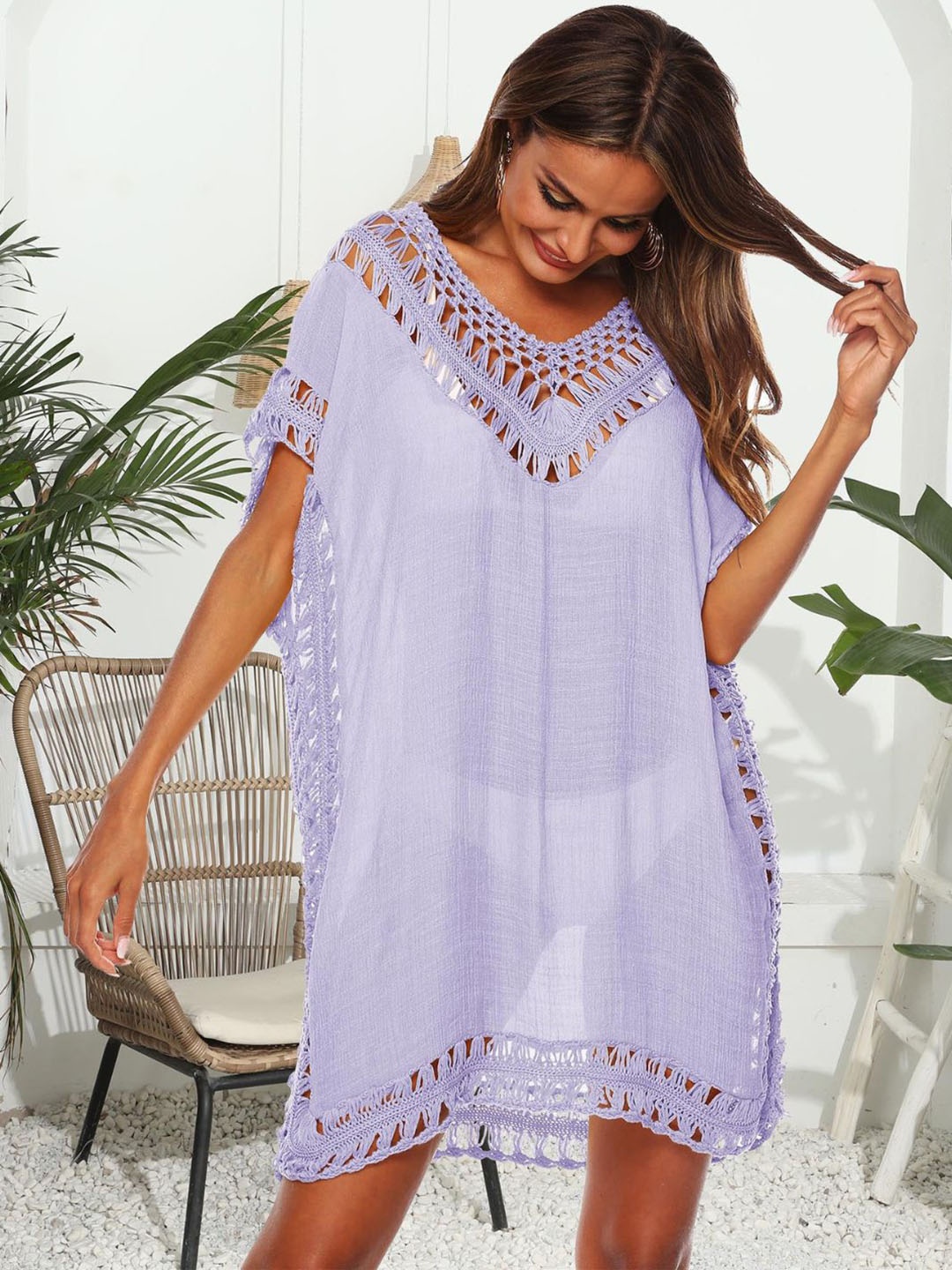 

Addery Self Design V-Neck Crochet Mini Cover Up Top, Lavender