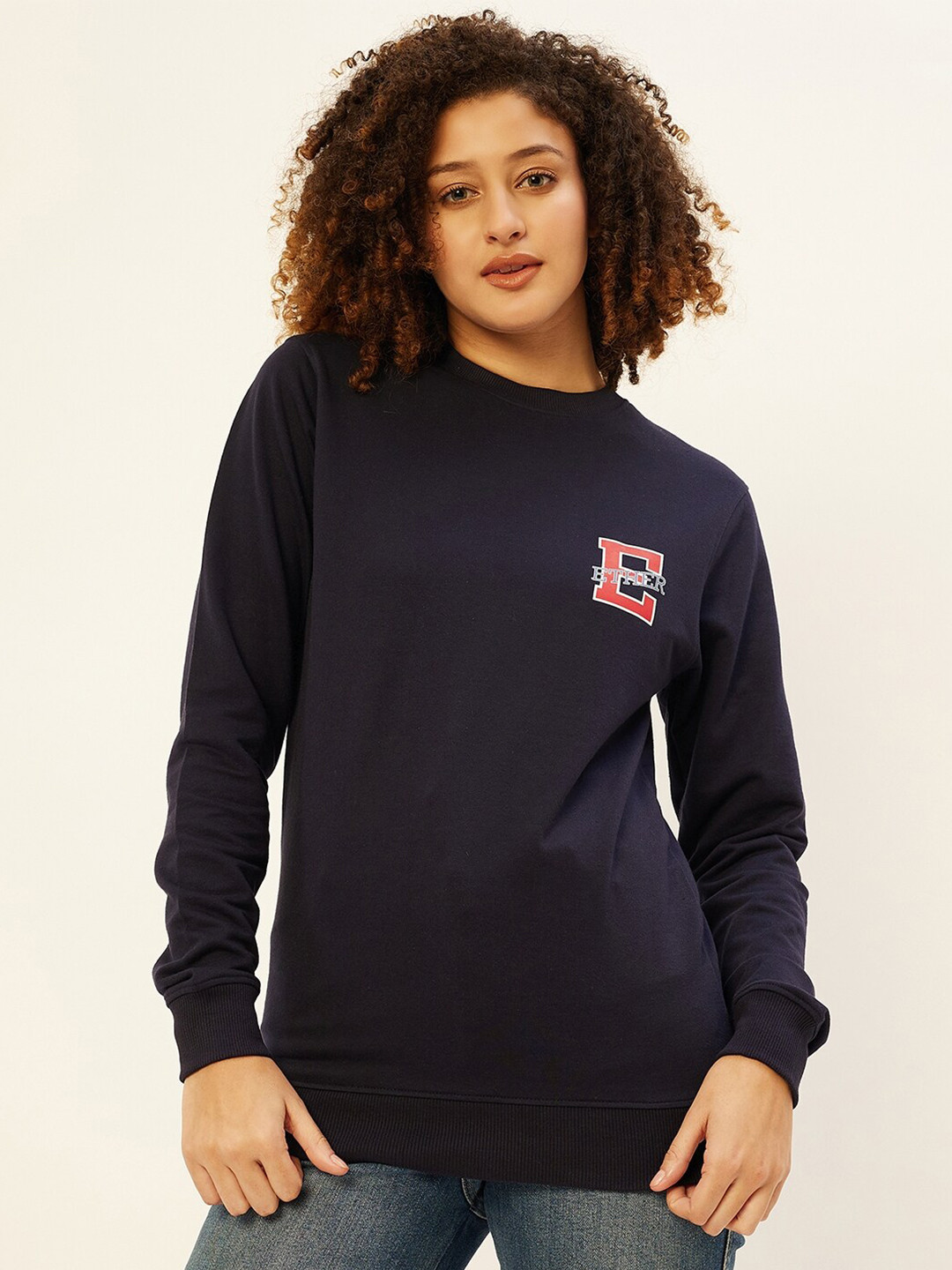 

ether Brand Logo Printed Round Neck Long Sleeevs Pullover Sweatshirt, Navy blue