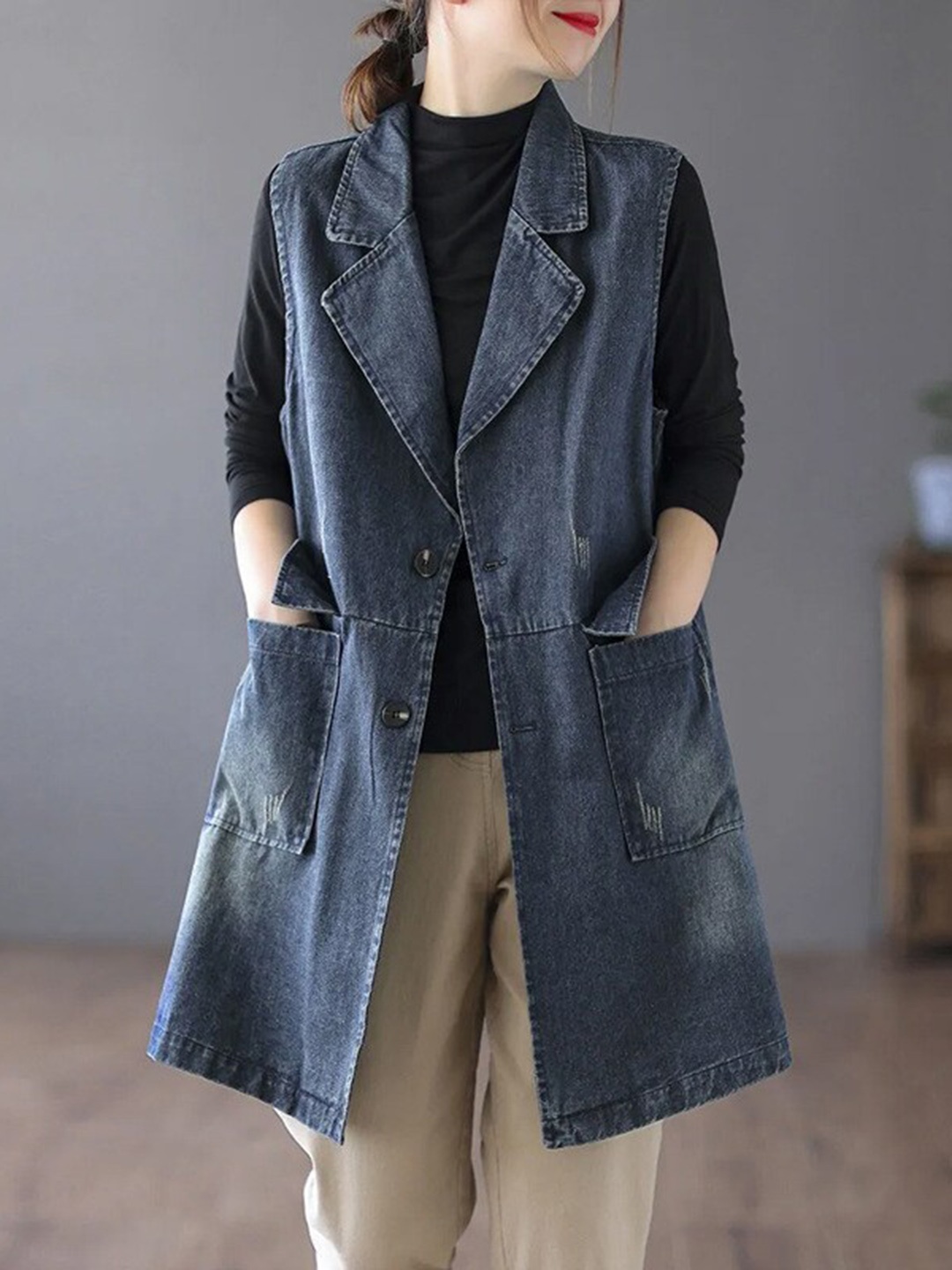 

StyleCast Blue Sleeveless Pure Cotton Overcoat