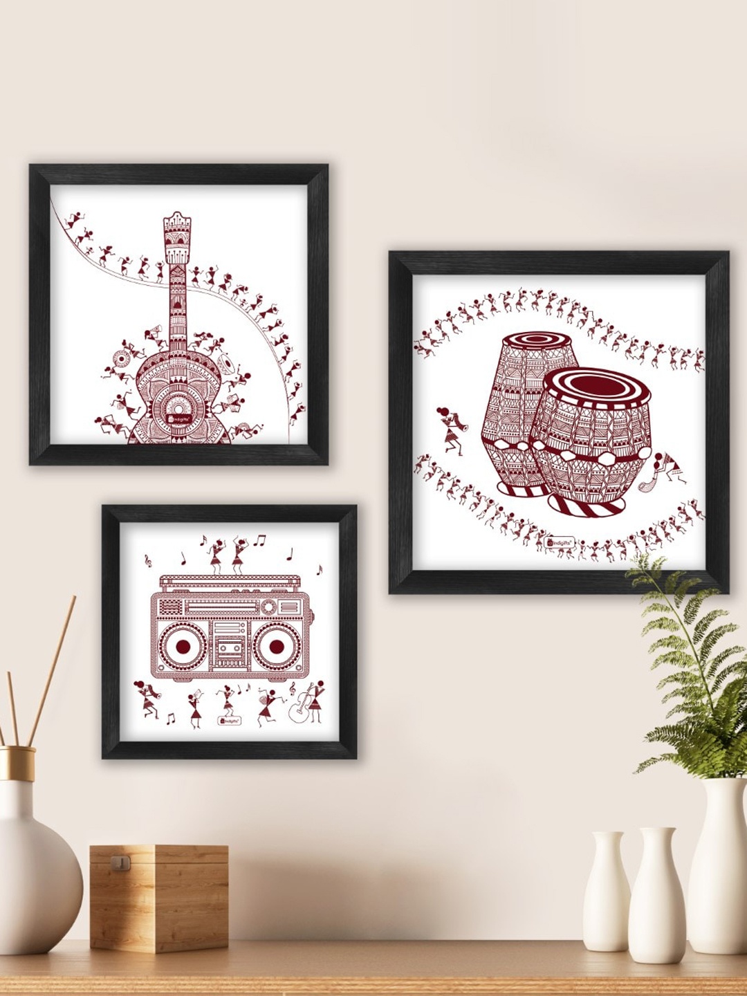 

Indigifts 3 Pieces Black & Maroon Wood Framed Wall Paintings