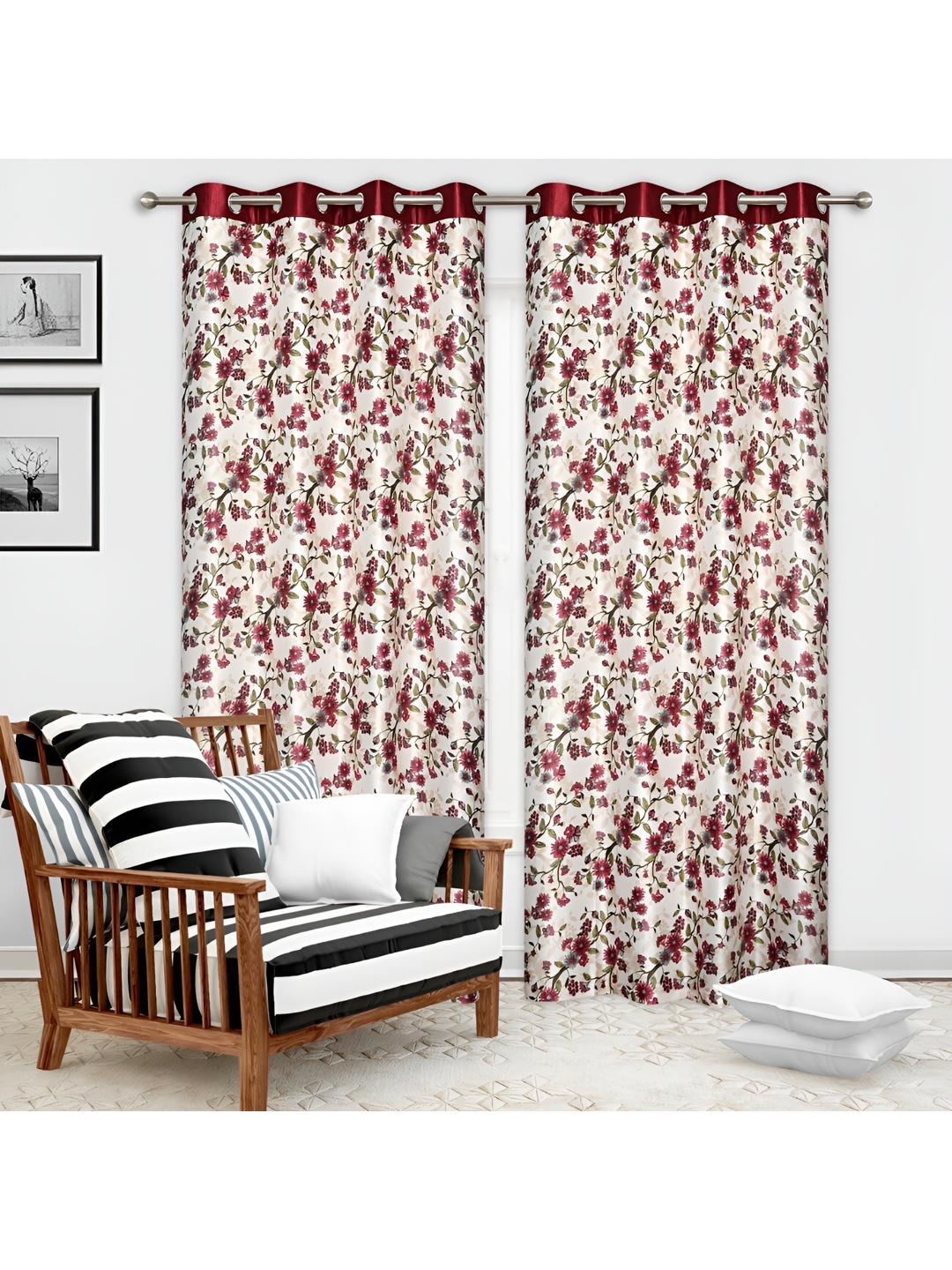 

REYANSH DECOR Maroon & Off White 2 Pieces Floral Window Curtains