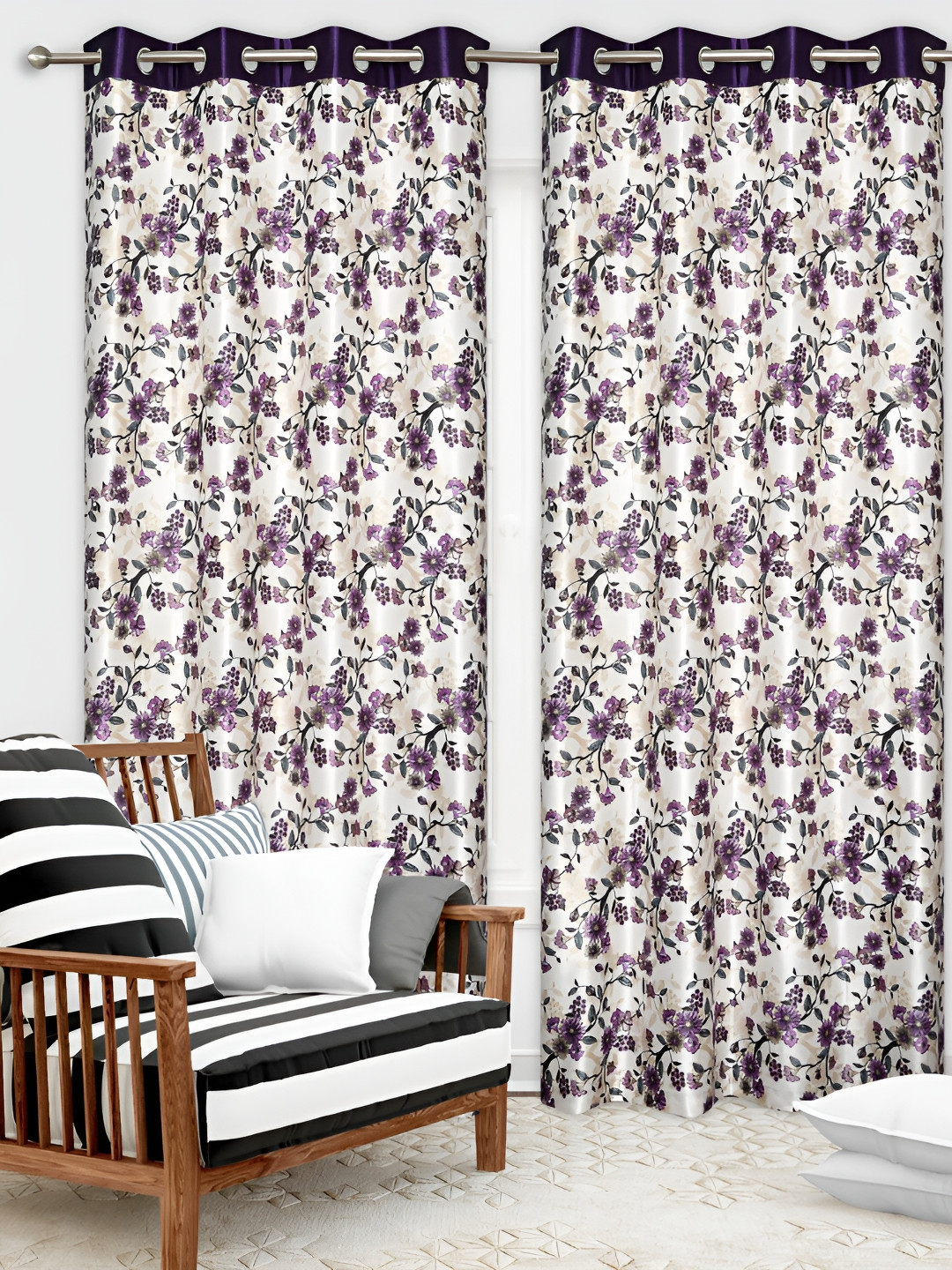 

REYANSH DECOR Purple & Off White 2 Pieces Floral Window Curtains