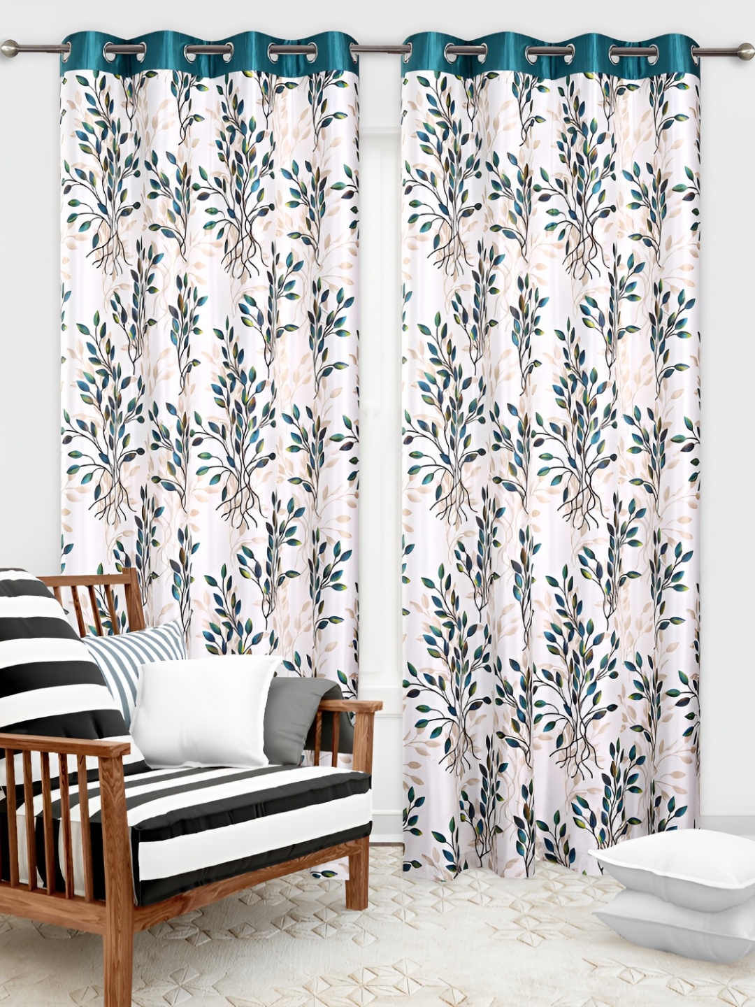 

REYANSH DECOR Turquoise Blue & Off White 2 Pieces Floral Door Curtains