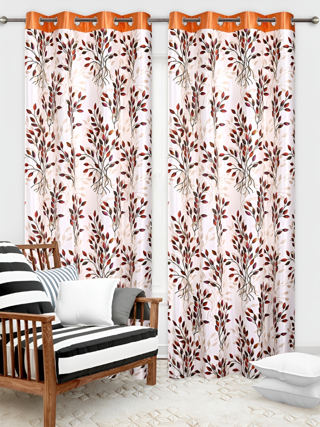 

REYANSH DECOR Orange & Off White 2 Pieces Floral Printed Window Curtain