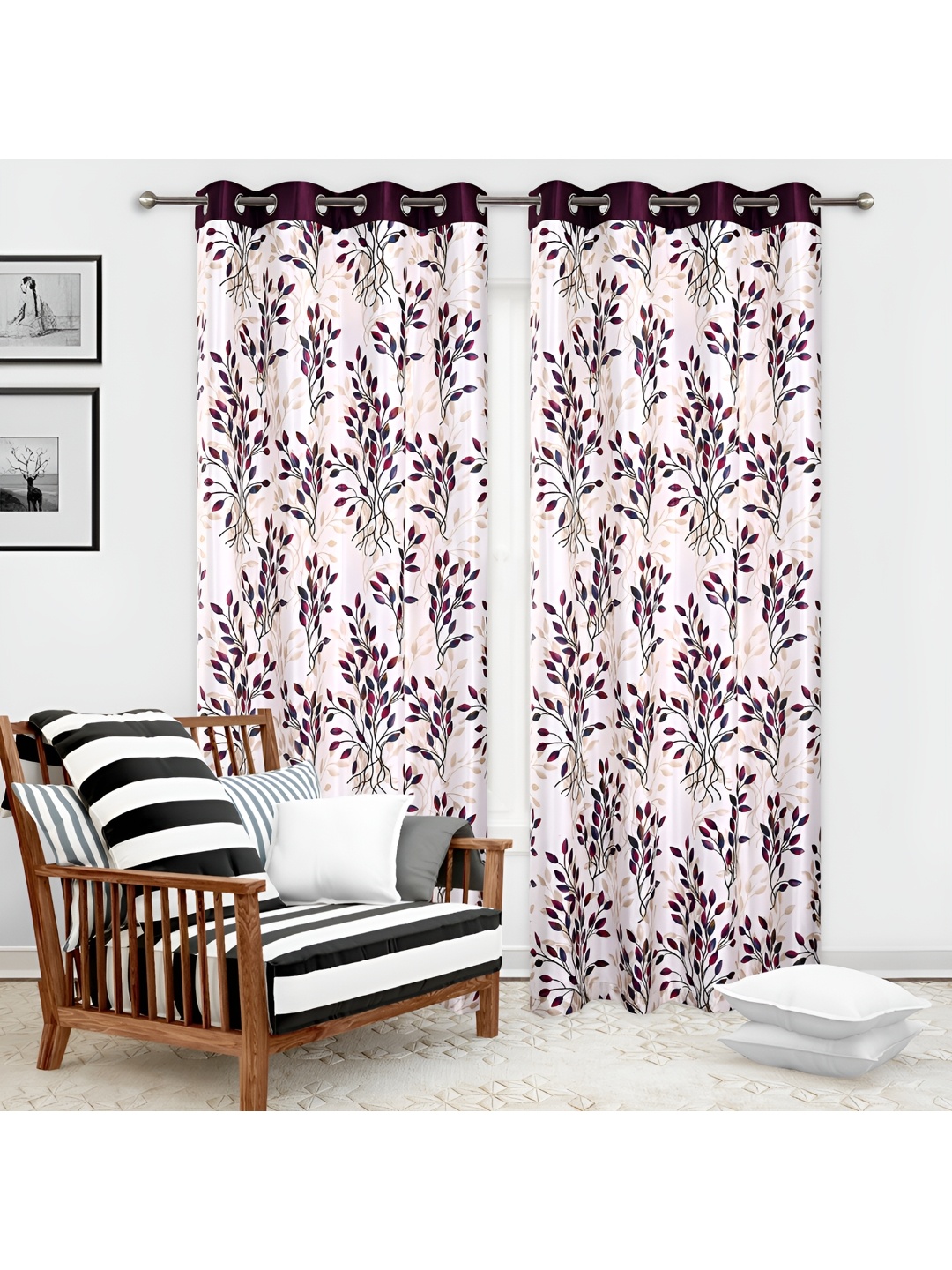 

REYANSH DECOR Magenta & Off White 2 Pieces Floral Printed Window Curtain